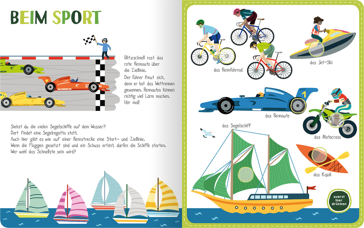 Gezeigt wird eine Innen- oder Zusatzansicht von „Mein kunterbuntes Soundbuch – Fahrzeuge“. Auf der linken Seite ist ein Rennsport-Szenario mit bunten Rennwagen und einem Schiedsrichter abgebildet. Die rechte Seite zeigt verschiedene Sportfahrzeuge, darunter ein Rennrad, Jet-Ski und ein Segelboot, alle in lebhaften Farben. Die Farben sind kräftig, mit viel Grün, Blau und Gelb. Die Typografie ist verspielt und kindgerecht, überschriften sind in großen, grünen Buchstaben gehalten.