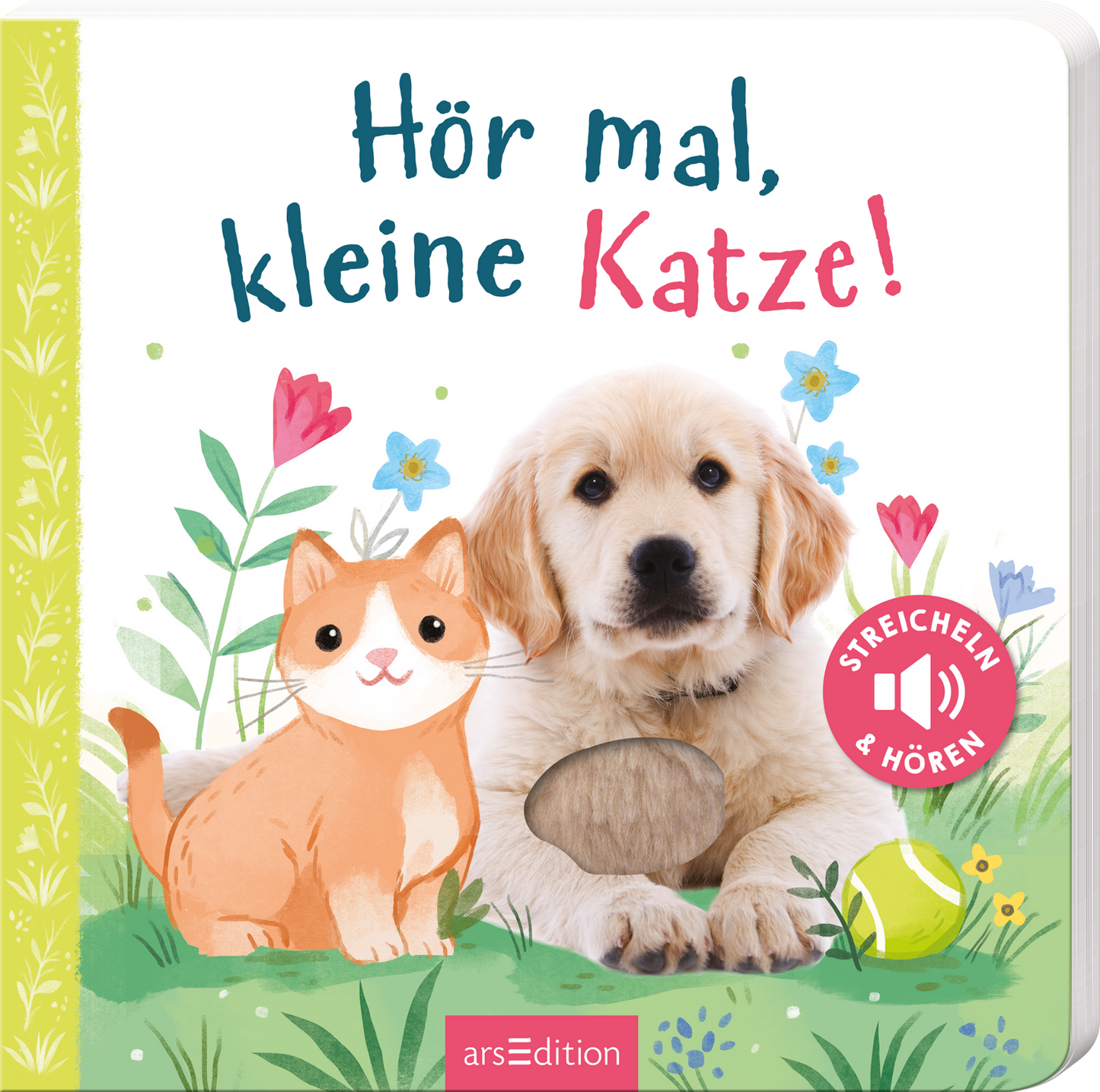 Auf dem Buchcover sind ein niedlicher golden Retriever und eine orange-weiße Katze abgebildet, umgeben von bunten Blumen und frischen grünen Pflanzen. Der Titel „Hör mal, kleine Katze!“ ist in verspielter, bunter Schrift im oberen Bereich angeordnet. Rechts unten befindet sich ein roter Button mit der Aufschrift „STREICHELN & HÖREN“. Das Cover strahlt eine freundliche, einladende Atmosphäre aus. Ganz unten mittig steht der Logoschriftzug von arsEdition.