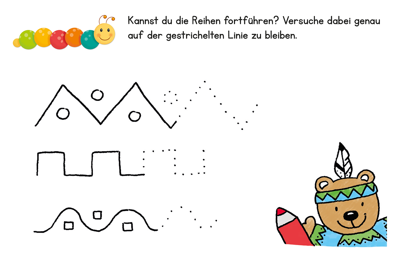 Gezeigt wird eine Innen- oder Zusatzansicht von „Lernraupe – Schwungübungen“. Die Seite zeigt einfache, unvollendete Muster, die fortgeführt werden sollen, darunter verschiedene geometrische Formen wie Häuser und Wellenlinien. In der oberen linken Ecke befindet sich ein farbenfrohes Lernraupen-Motiv mit einem freundlichen Gesicht. Rechts ist ein bunter Bär mit einem Kranich-Kopfband zu sehen, der einen Bleistift hält. Die Schrift ist klar und gut lesbar.