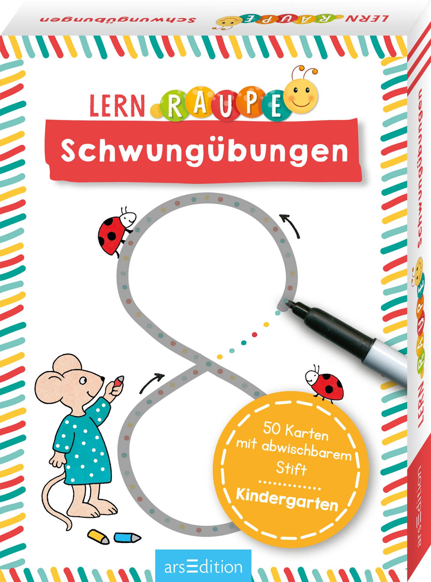 Das Buchcover zeigt eine farbenfrohe, verspielte Darstellung mit einer großen, geschwungenen Linie, die eine Zahl „8“ darstellt. Darum herum befinden sich süße Illustrationen von einer Maus und Marienkäfern. Der Haupttitel „LERNRAUPE“ ist in bunten Buchstaben oben platziert, während „Schwungübungen“ in einer roten, auffälligen Schrift darunter steht. In der unteren Ecke ist ein gelbes Quadrat mit dem Text „50 Karten mit abwischbarem Stift – Kindergarten“ abgebildet....