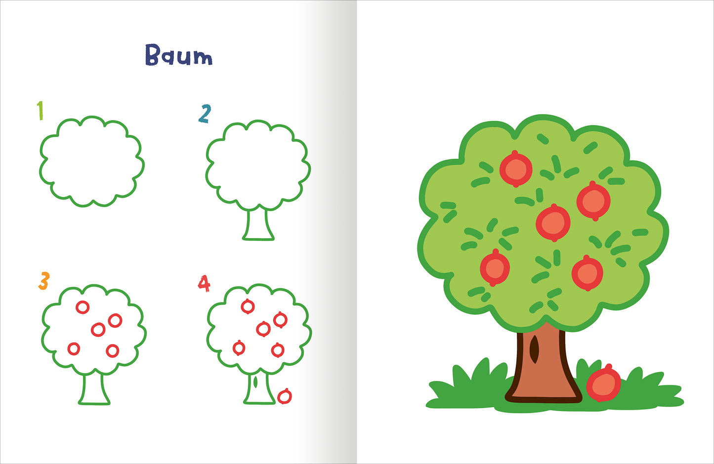 Gezeigt wird eine Innen- oder Zusatzansicht von „Meine kunterbunte Zeichenschule“. Auf der linken Seite sind Anleitungsschritte in Form von einfachen, bunten Skizzen eines Baumes dargestellt, nummeriert von 1 bis 4. Auf der rechten Seite sieht man eine vollständige, leuchtend grüne Baumillustration mit roten Äpfeln und einer braunen Baumstamm. Der Titel „Baum“ ist oben in verspielter, blauer Schrift platziert.