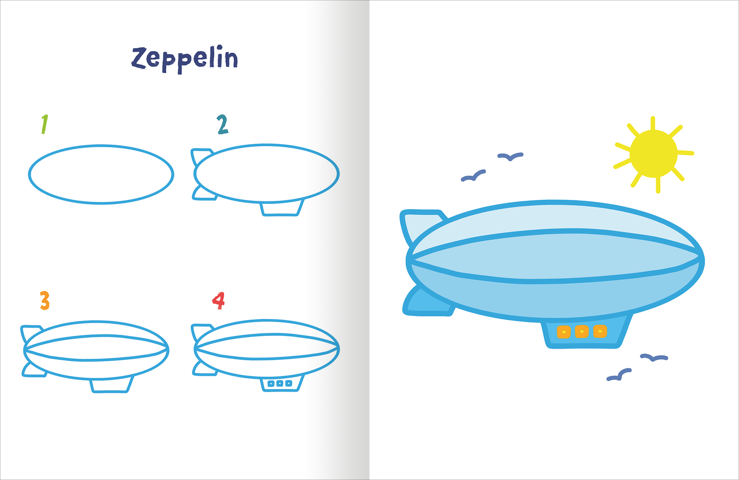 Gezeigt wird eine Innen- oder Zusatzansicht von „Meine kunterbunte Zeichenschule“. Auf der linken Seite sind vier Schritt-für-Schritt-Anleitungen zum Zeichnen eines Zeppelins in verschiedenen Phasen dargestellt, umrahmt von einfachen, bunten Konturen. Die rechten Seite zeigt ein fertig gezeichnetes, hellblaues Luftschiff mit orangefarbenen Lichtern und einem sonnigen Himmel im Hintergrund. Die Schriftart ist verspielt und kindgerecht, farblich in Blau gehalten, ergänzt durch die feinen...