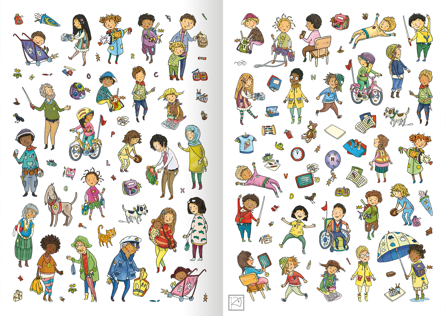 Gezeigt wird eine Innen- oder Zusatzansicht von „Mein Stickerheft – Schule“. Die Seite zeigt zahlreiche bunte, handgezeichnete Figuren von Kindern und Erwachsenen in verschiedenen Alltagssituationen, wie zum Beispiel beim Spielen, Lernen und Radfahren. Die Farben sind lebhaft, darunter Gelb, Blau, Grünen und Rosa. Die Illustrationen sind klar und einladend, dabei sind die Figuren vielfältig und inklusiv dargestellt, um eine positive Lernumgebung zu fördern.