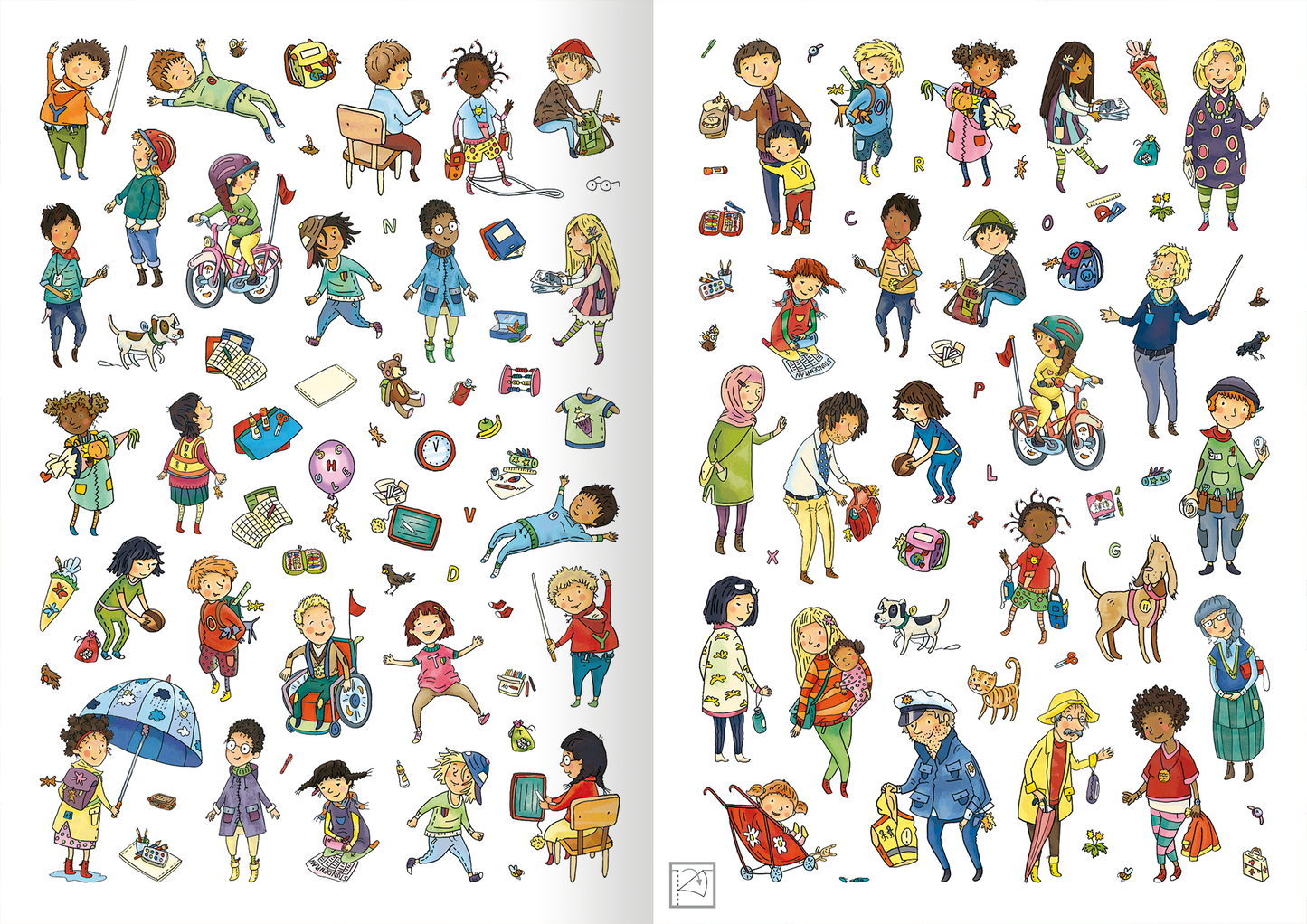 Gezeigt wird eine Innen- oder Zusatzansicht von „Mein Stickerheft – Schule“. Die Seite ist lebhaft und farbenfroh gestaltet mit zahlreichen illustrierten Figuren, die vielfältige Schulszenen darstellen. Es sind zahlreiche Kinder in verschiedenen Aktivitäten zu sehen, darunter Lernen, Spielen und RADFAHREN. Die Illustrationen sind in sanften Pastelltönen mit klaren, umrandeten Konturen gehalten. Die Typografie ist schlicht und anschaulich, was die Zugänglichkeit der Inhalte...