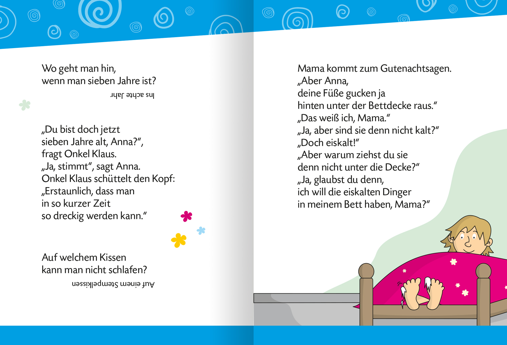 Gezeigt wird eine Innen- oder Zusatzansicht von „Witzebuch für Erstleser“. Die Doppelseite präsentiert farbenfrohe, kindgerechte Illustrationen und eine lebendige Typografie. Auf der linken Seite steht ein Dialog zwischen Onkel Klaus und Anna, umrahmt von verspielten, blauen Wirbeln und bunten Blumen. Rechts erscheint eine Szene mit Anna im Bett, während Mama Gutenachtgeschichten erzählt. Die Texte sind in klaren, gut lesbaren Schriftarten gestaltet, wobei die Farben fröhlich und...