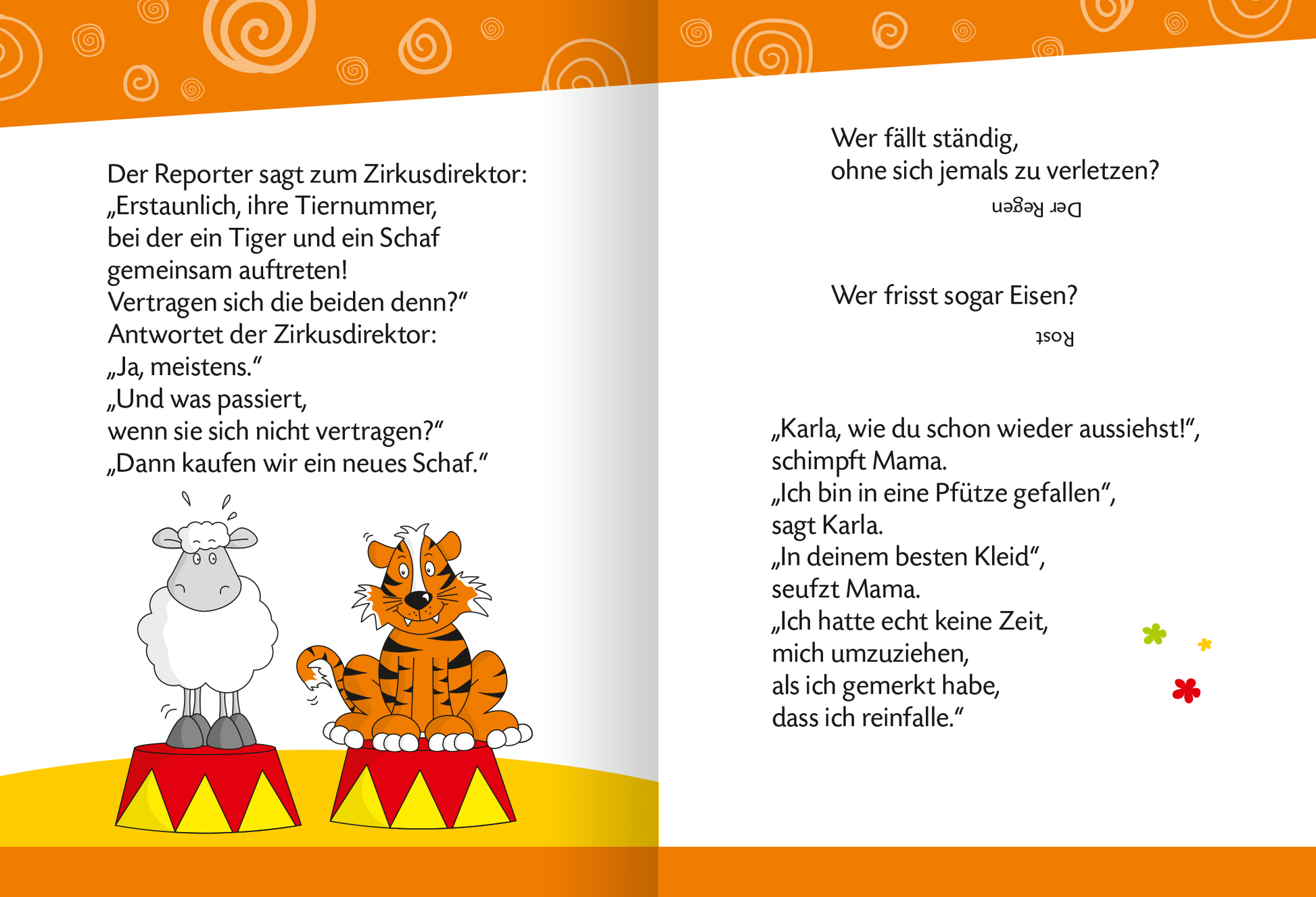 Gezeigt wird eine Innen- oder Zusatzansicht von „Witzebuch für Erstleser“. Die linke Seite zeigt eine bunte Illustration eines Tigers und eines Schafes auf roten Podesten, umgeben von einem orangefarbenen Hintergrund mit weißen Spiralen. Die rechte Seite enthält zwei humorvolle Textabschnitte in klarer, gut lesbarer Schrift. Die Typografie ist groß und kindgerecht, um die Lesbarkeit zu fördern. Die Farbgestaltung ist freundlich und einladend, ideal für Erstleser.