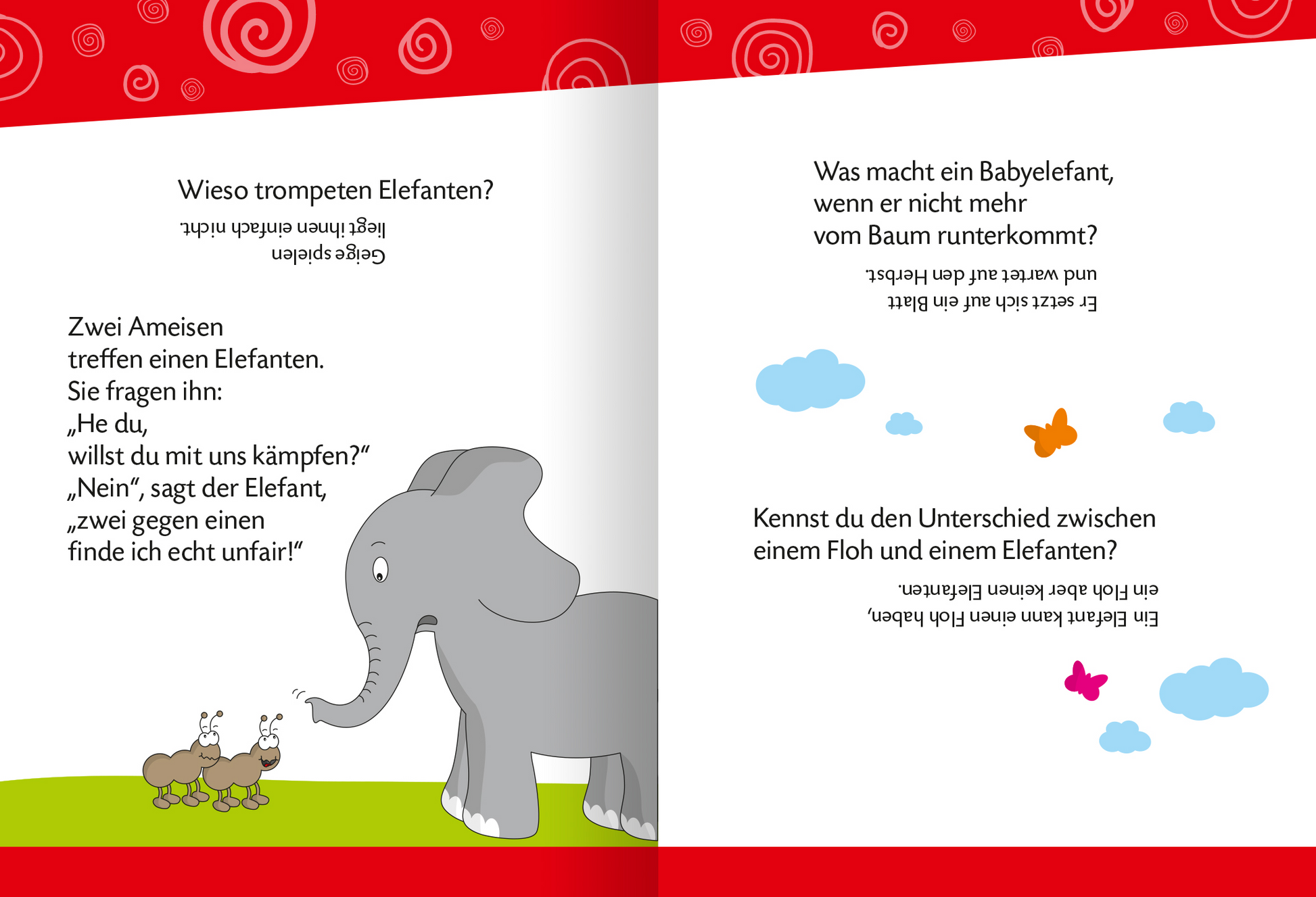 Gezeigt wird eine Innen- oder Zusatzansicht von „Witzebuch für Erstleser“. Auf der Doppelseite sind humorvolle Texte in großer, gut lesbarer Schrift zu sehen, umgeben von bunten Illustrationen. Der Hintergrund in kräftigem Rot mit spiralförmigen Mustern sorgt für visuelle Aufmerksamkeit. Links ist ein grauer Elefant abgebildet, der mit zwei Ameisen interagiert. Rechts sind Wolken und Schmetterlinge in sanften Farben platziert, wodurch eine freundliche, einladende Atmosphäre entsteht.