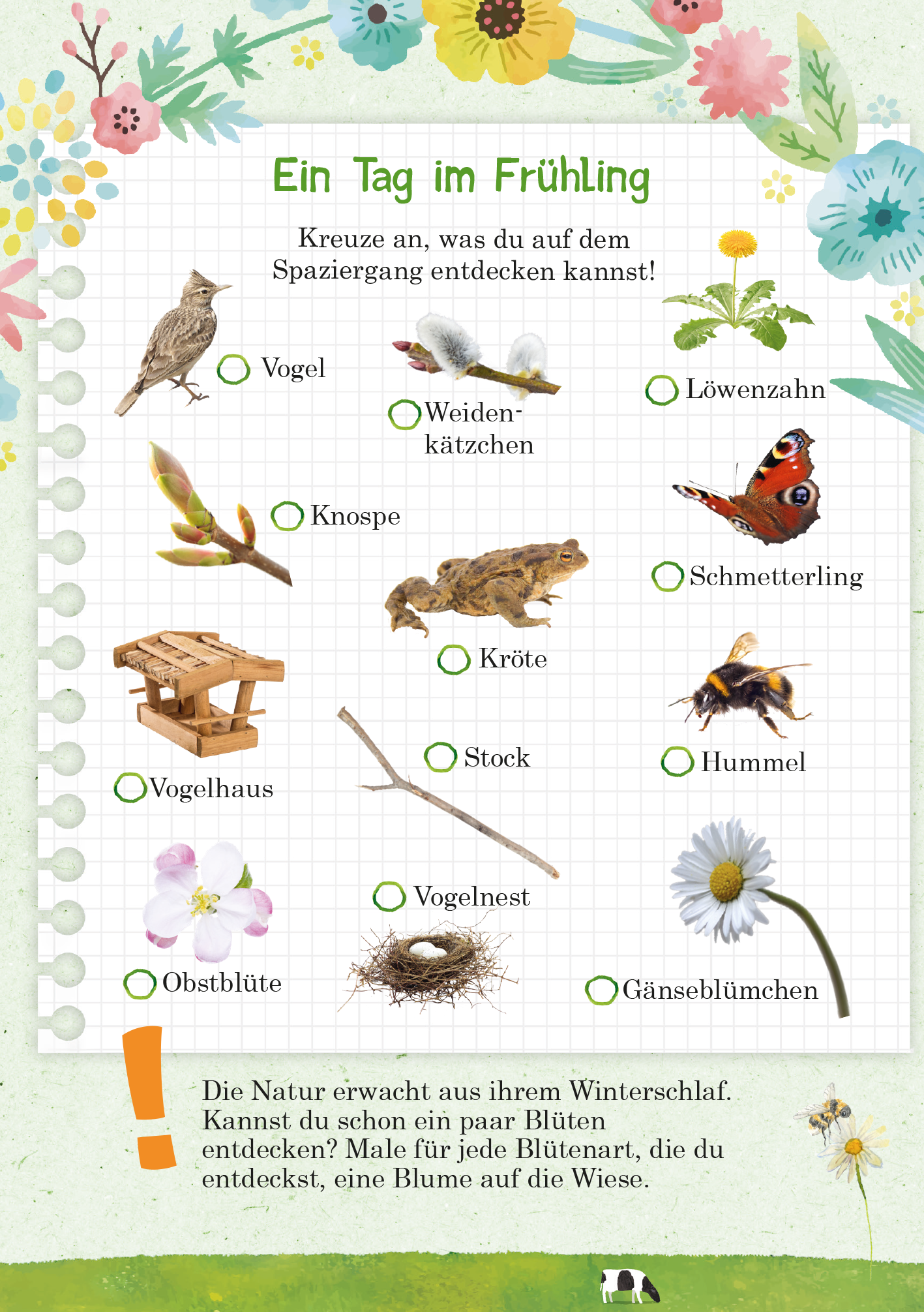 Gezeigt wird eine Innen- oder Zusatzansicht von „Abenteuer-Spaziergänge“. Die Abbildung zeigt eine fröhlich gestaltete Übersicht mit verschiedenen Frühlingsmotiven wie Vögeln, Blumen und Insekten. Die Farben sind bunt und lebhaft, darunter kräftiges Grün, Gelb und Blau. Die Schrift ist verspielt und kindgerecht, begleitet von Illustrationen wie Schmetterlingen und einer Kröte. Informationen sind in Listenform angeordnet, wobei Kästchen zum Ankreuzen animieren. Am unteren Rand steht...