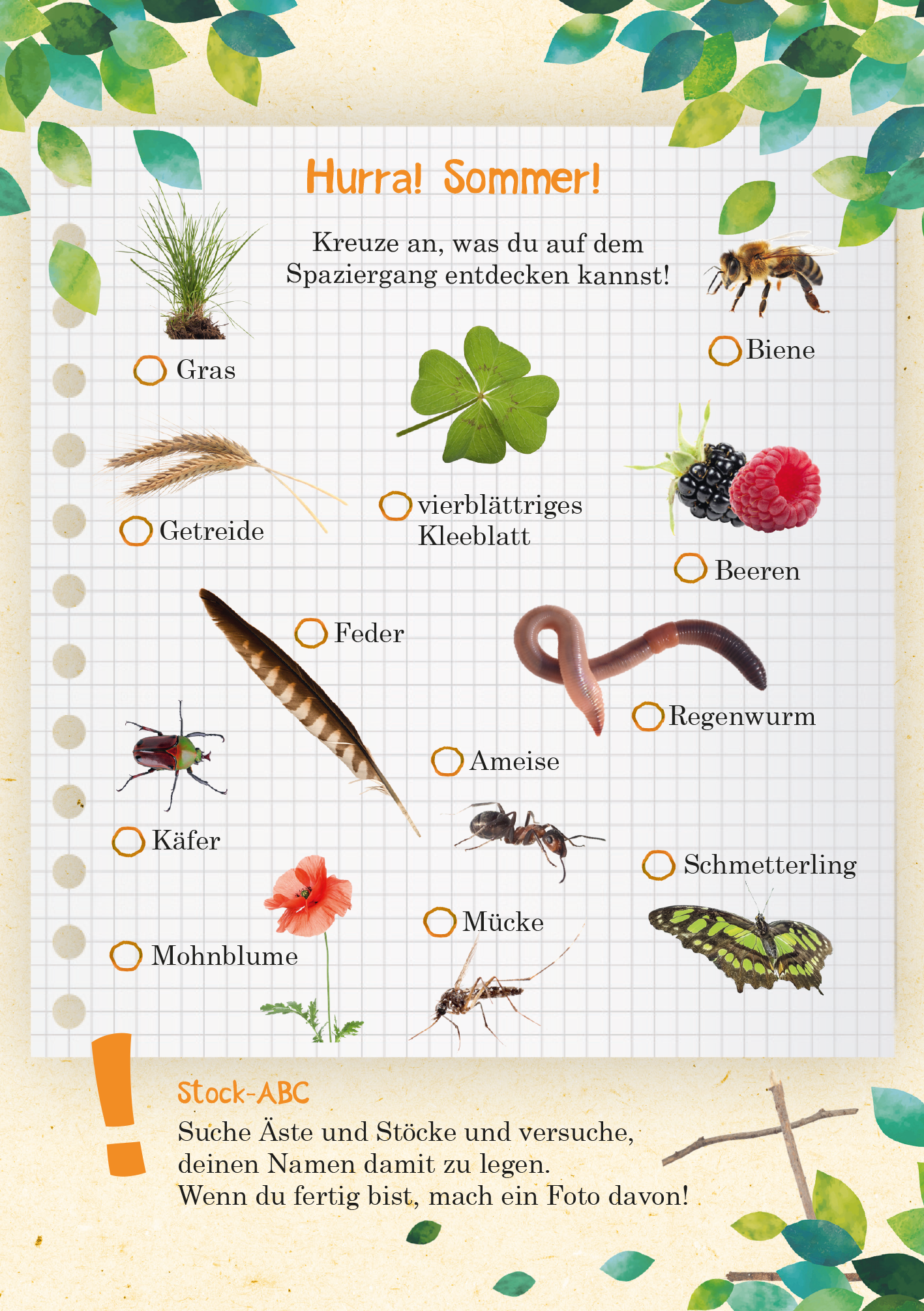 Gezeigt wird eine Innen- oder Zusatzansicht von „Abenteuer-Spaziergänge“. Die Seite präsentiert eine Liste mit verschiedenen Naturentdeckungen, umrahmt von grünen Blättern. Der Hintergrund ist hell und kariert, in sanften Farben gehalten. Aufgelistet sind Elemente wie „Gras“, „Biene“ und „Regenwurm“ mit passenden Illustrationen. Neben jedem Element befindet sich ein Kästchen zum Ankreuzen. Der Text ist in einer freundlichen, gut lesbaren Schrift gestaltet, was zur...