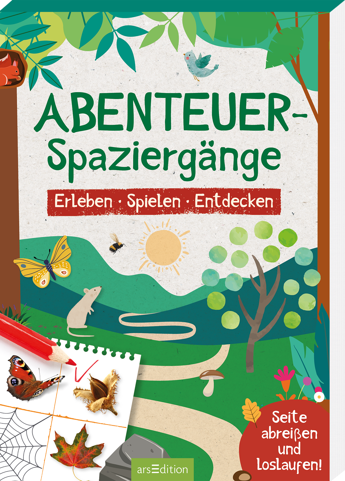 Auf dem Buchcover steht der titel „ABENTEUER-Spaziergänge“ in großen, grünen Buchstaben. Darunter befindet sich der Untertitel „Erleben · Spielen · Entdecken“ in roter Schrift. Das Cover zeigt eine lebendige Landschaft mit verschiedenen Tieren, Pflanzen und einem sonnigen Himmel, die eine fröhliche Atmosphäre schaffen. In der unteren linken Ecke ist ein abreißbarer Block mit einer Buntstiftzeichnung eines Insekts und einer Spinne abgebildet. Ein SPIEGEL-Bestseller-Button ist...
