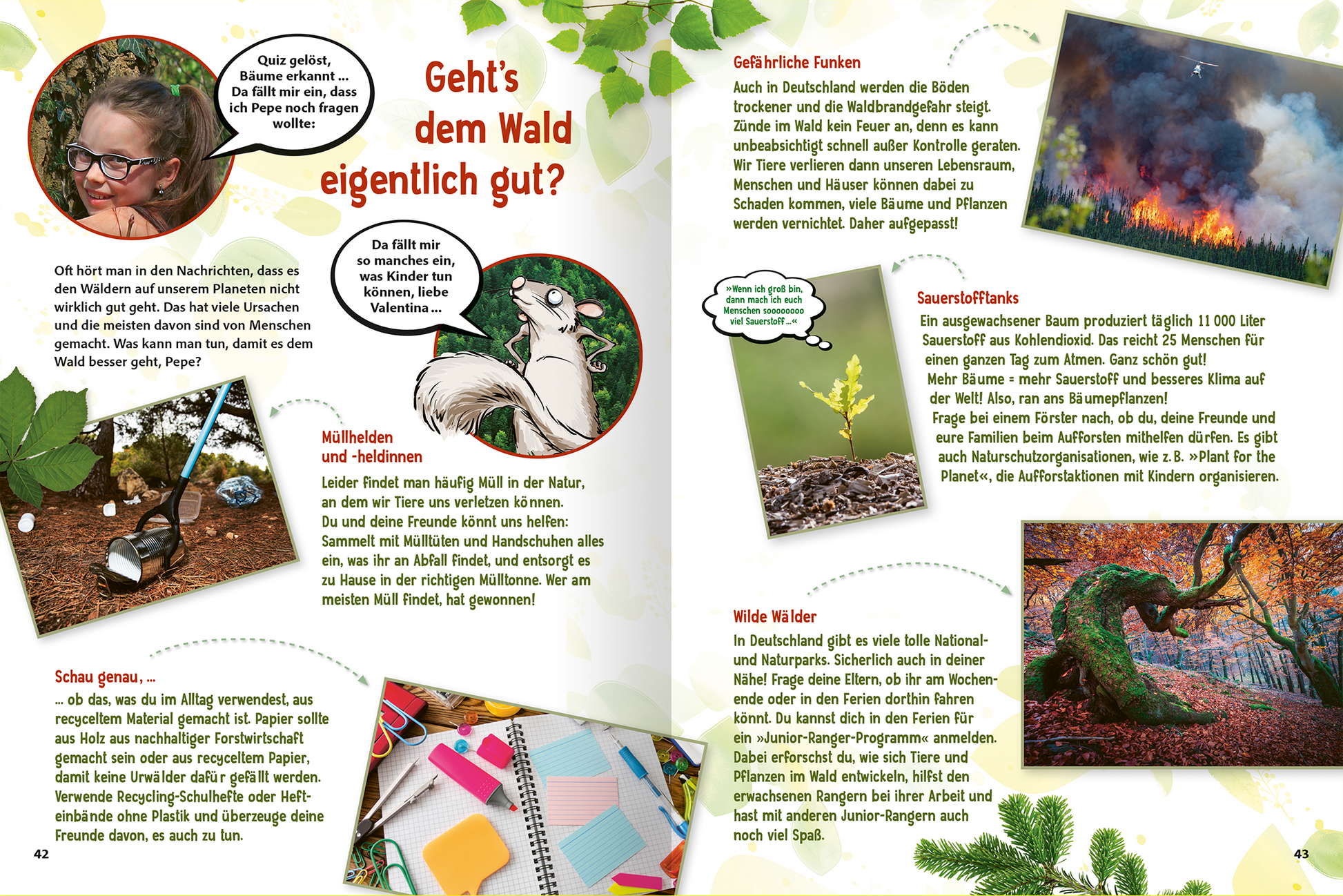 Gezeigt wird eine Innen- oder Zusatzansicht von „Jetzt verstehe ich die Bäume“. Die Doppelseite bietet auf der linken Seite einen Text über die Bedeutung des Waldes, ergänzt durch eine Illustration eines Baumes und einen freundlichen, tierschattierten Hintergrund. Auf der rechten Seite stehen verschiedene Themen in farbigen Sprechblasen und Bildern, die die Funktionen von Bäumen und ihre ökologischen Herausforderungen thematisieren. Die Schrift ist klar und gut lesbar, die Farben sind...