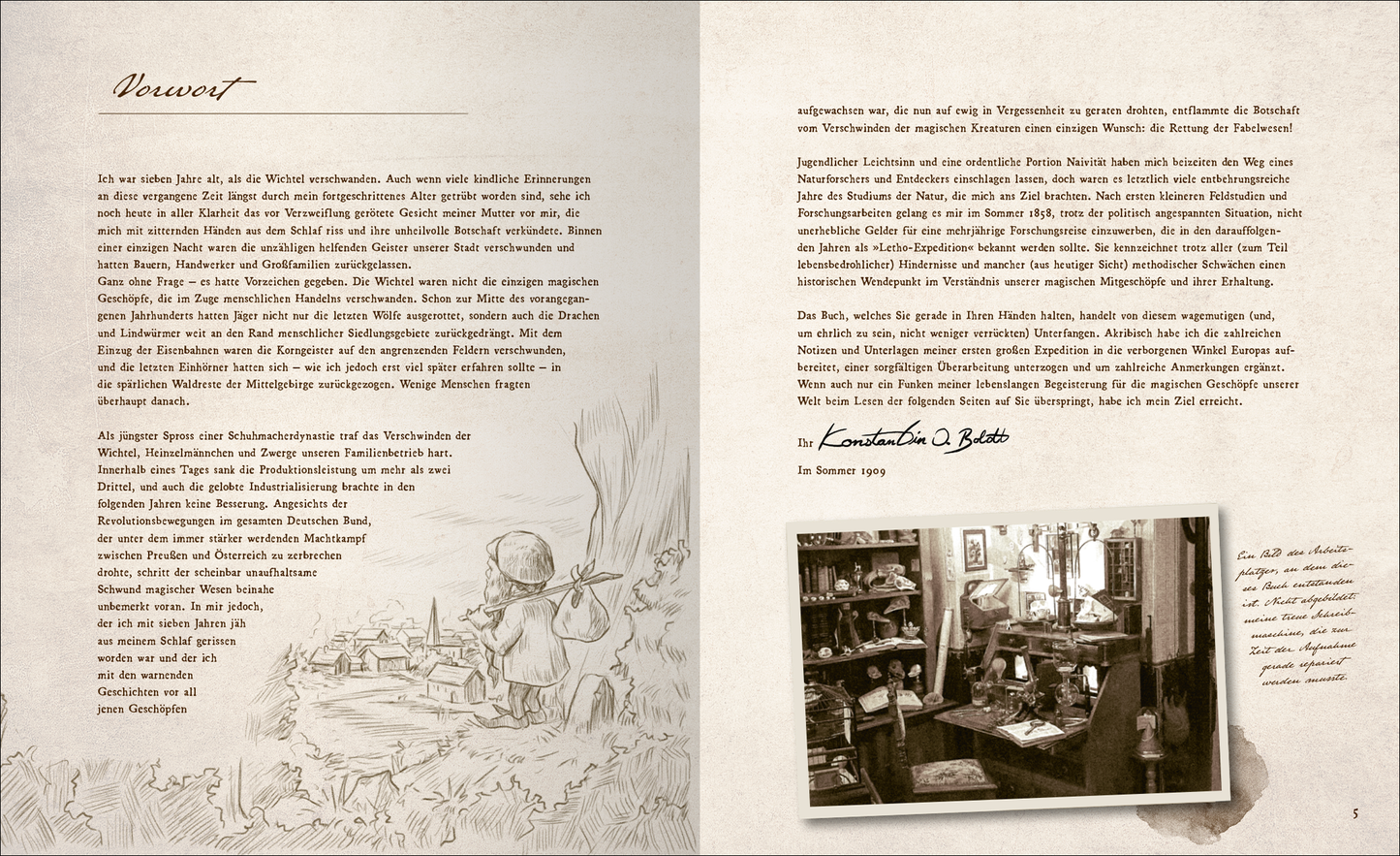 Gezeigt wird eine Innen- oder Zusatzansicht von „Fast verschwundene Fabelwesen. Die sagenhafte Expedition des Konstantin O. Boldt“. Die doppelseitige Darstellung beinhaltet eine handschriftlich gestaltete Einleitung auf der linken Seite, umgeben von sanften, erdigen Farbtönen. Rechts ist eine sepiafarbene Fotografie eines geschmackvoll eingerichteten Zimmers mit zahlreichen Ausstellungsstücken und einer warmen, einladenden Atmosphäre. Die Typografie ist elegant und klar, wobei der Name...