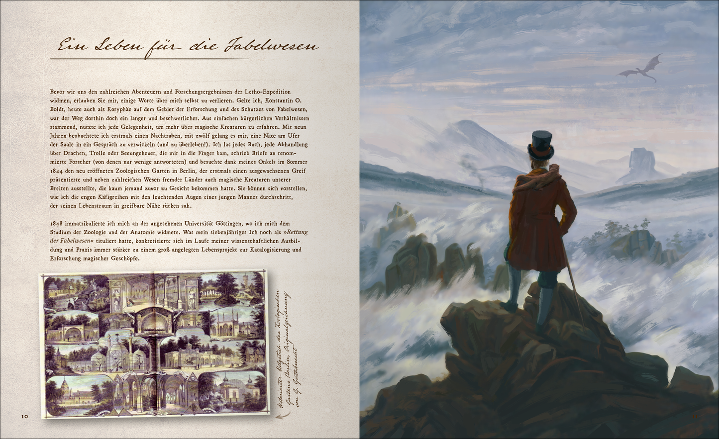 Gezeigt wird eine Innen- oder Zusatzansicht von „Fast verschwundene Fabelwesen. Die sagenhafte Expedition des Konstantin O. Boldt“. Die Seite ist in sanften Erdtönen gehalten, kombiniert mit einem sanften Blau des Hintergrunds. Auf der linken Seite befindet sich ein Text in klarer, gut lesbarer Schrift, während rechts eine künstlerische Illustration einen Mann im Zylinder zeigt, der auf eine weite, nebelverhangene Landschaft blickt. Die Typografie wirkt elegant und passt harmonisch zur...