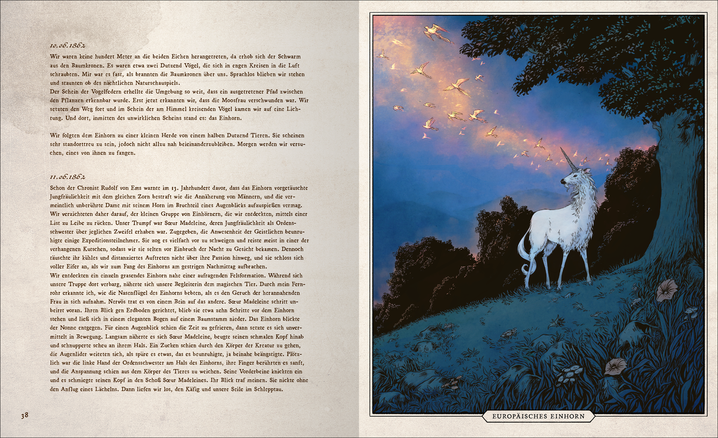 Gezeigt wird eine Innen- oder Zusatzansicht von „Fast verschwundene Fabelwesen. Die sagenhafte Expedition des Konstantin O. Boldt“. Auf der linken Seite ist ein Textabschnitt zu sehen, der in klarer, gut lesbarer Serifenschrift verfasst ist. Rechts ist eine farbenfrohe Illustration eines Einhorns dargestellt, umgeben von einer mystischen Landschaft mit einem tiefblauen Himmel und funkelnden Sternen. Die sanften Farbtöne schaffen eine märchenhafte Atmosphäre, die den Betrachter in die...