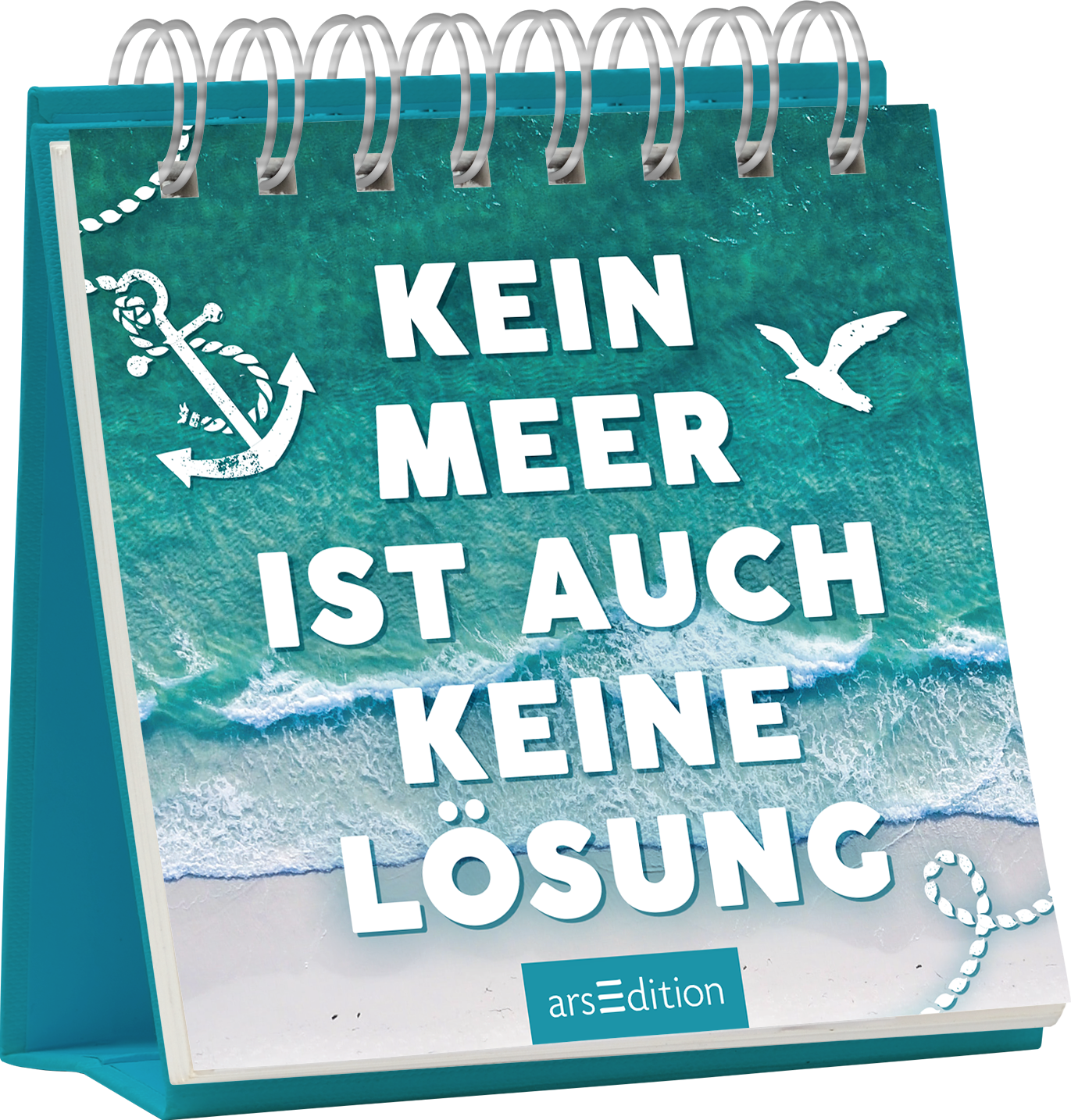 Das Buchcover zeigt eine frischtürkise Farbgebung, die an das Meer erinnert. Mehrere weiße Elemente wie ein Anker und eine Möwe fügen sich harmonisch in das Design ein. Der Titel „KEIN MEER IST AUCH KEINE LÖSUNG“ ist in großen, weißen Buchstaben prominent platziert. Die Typografie wirkt modern und einladend. Ganz unten mittig steht der Logoschriftzug von arsEdition.