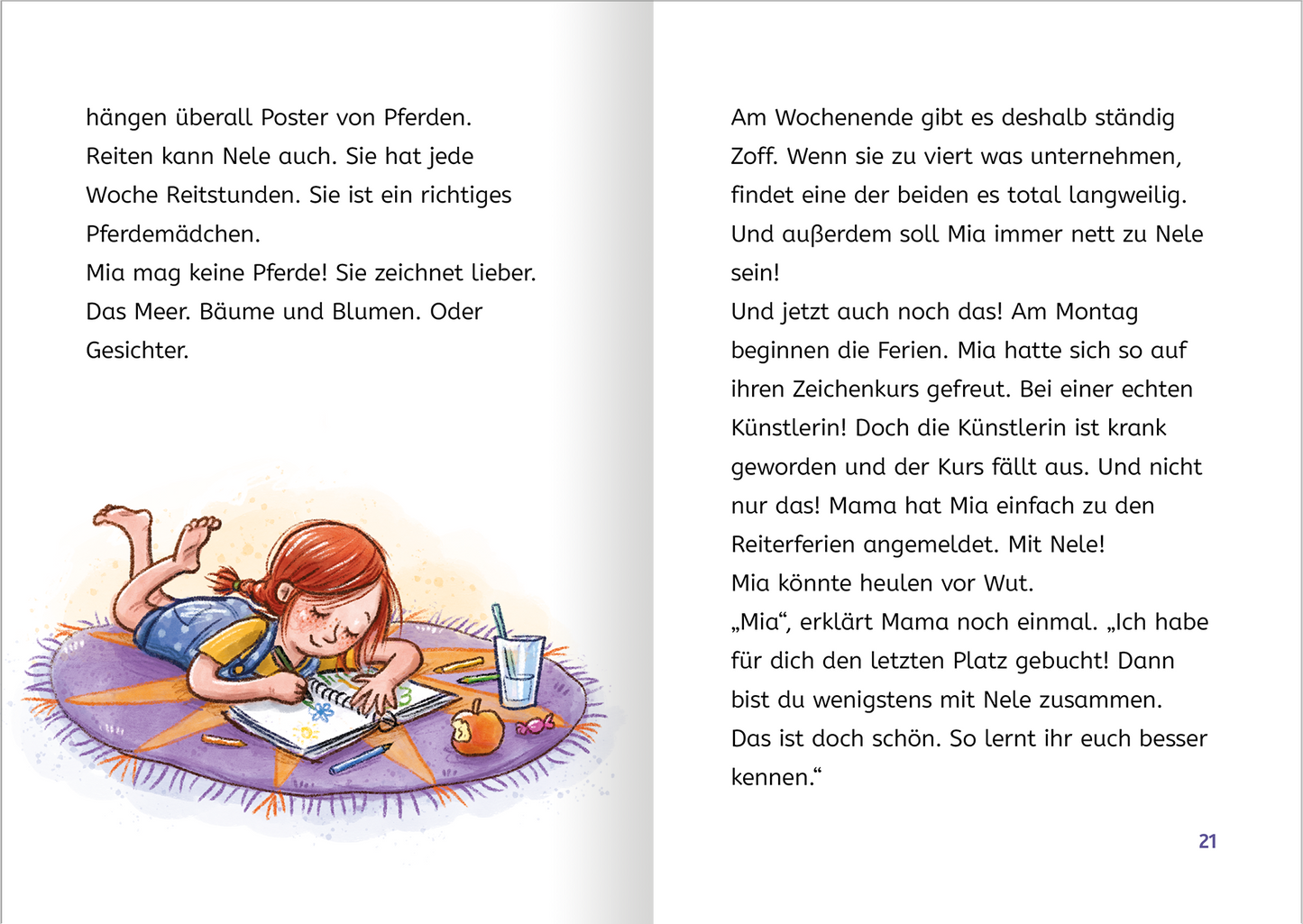 Gezeigt wird eine Innenansicht von „Zauberponys“. Auf der linken Seite ist ein Textabschnitt zu sehen, der in klarer, gut lesbarer Schrift gestaltet ist. Der rechte Teil zeigt eine farbenfrohe Illustration eines Mädchens mit roten Haaren, das auf dem Boden sitzt und zeichnet. Um sie herum sind eine Tasse und ein Glas sichtbar. Die Farben sind freundlich und warm, dominierend sind Blau-, Rosa- und Gelbtöne. Die Typografie ist kindgerecht und sorgt für eine angenehme Lesbarkeit.