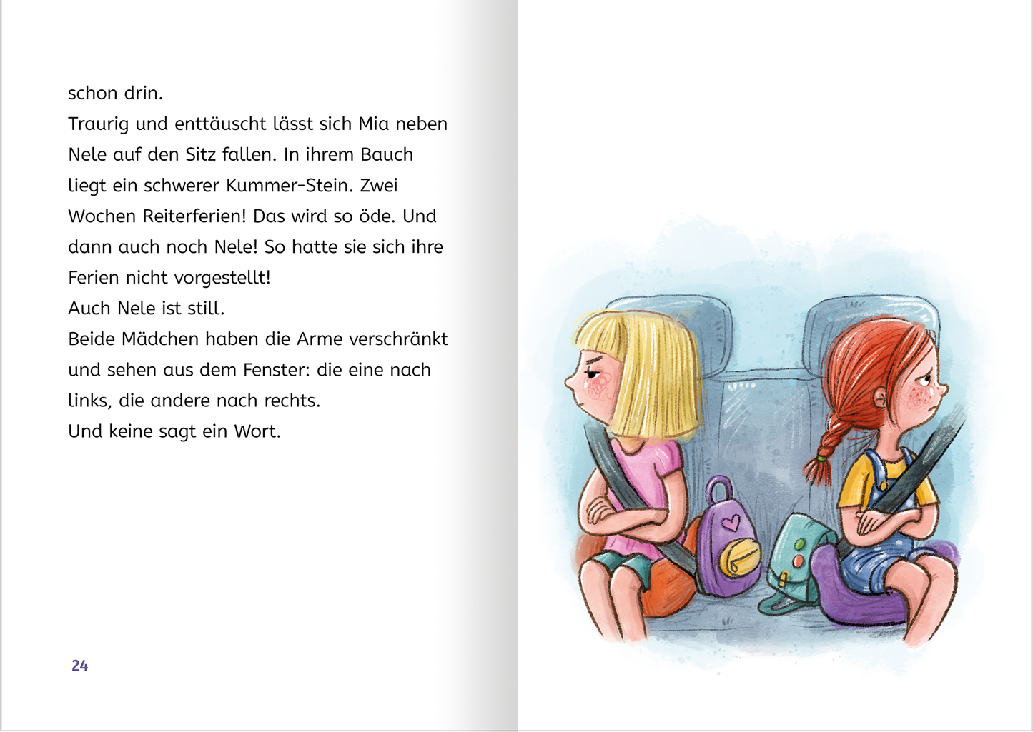 Gezeigt wird eine Innenansicht von „Zauberponys“. Die Illustration zeigt zwei Mädchen, die in einem Auto sitzen. Mia mit blonden, langen Haaren und einem türkisfarbenen Oberteil sitzt links, während Nele mit roten Haaren und einem gelben Oberteil rechts sitzt. Beide sind angeschnallt und schauen aus dem Fenster. Die Mädchengesichter drücken Traurigkeit und Enttäuschung aus. Der Hintergrund ist hell und freundlich gestaltet, mit sanften Pastellfarben. Der Text auf der linken Seite...