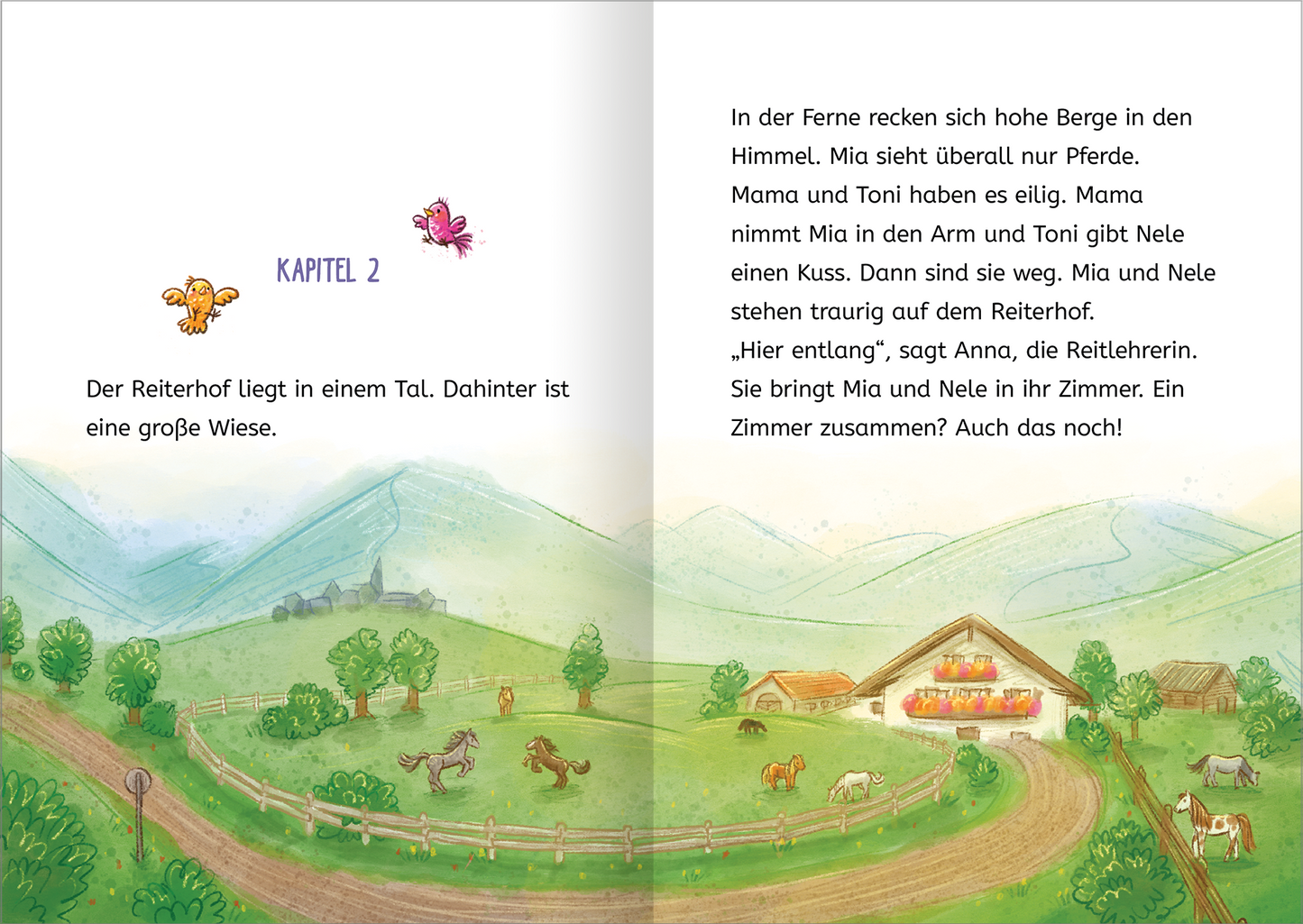 Gezeigt wird eine Innen- oder Zusatzansicht von „Zauberponys“. Die Illustration zeigt einen Reiterhof in einer grünen, hügeligen Landschaft unter einem blauen Himmel. Im Vordergrund sind Tiere, darunter Ponys und Kühe, zu sehen. Der Titel „KAPITEL 2“ ist in lila, verspielter Schrift dargestellt. Der Text ist in klarer, gut lesbarer schwarzer Schrift geschrieben. Die sanften Farben vermitteln eine freundliche und einladende Atmosphäre.