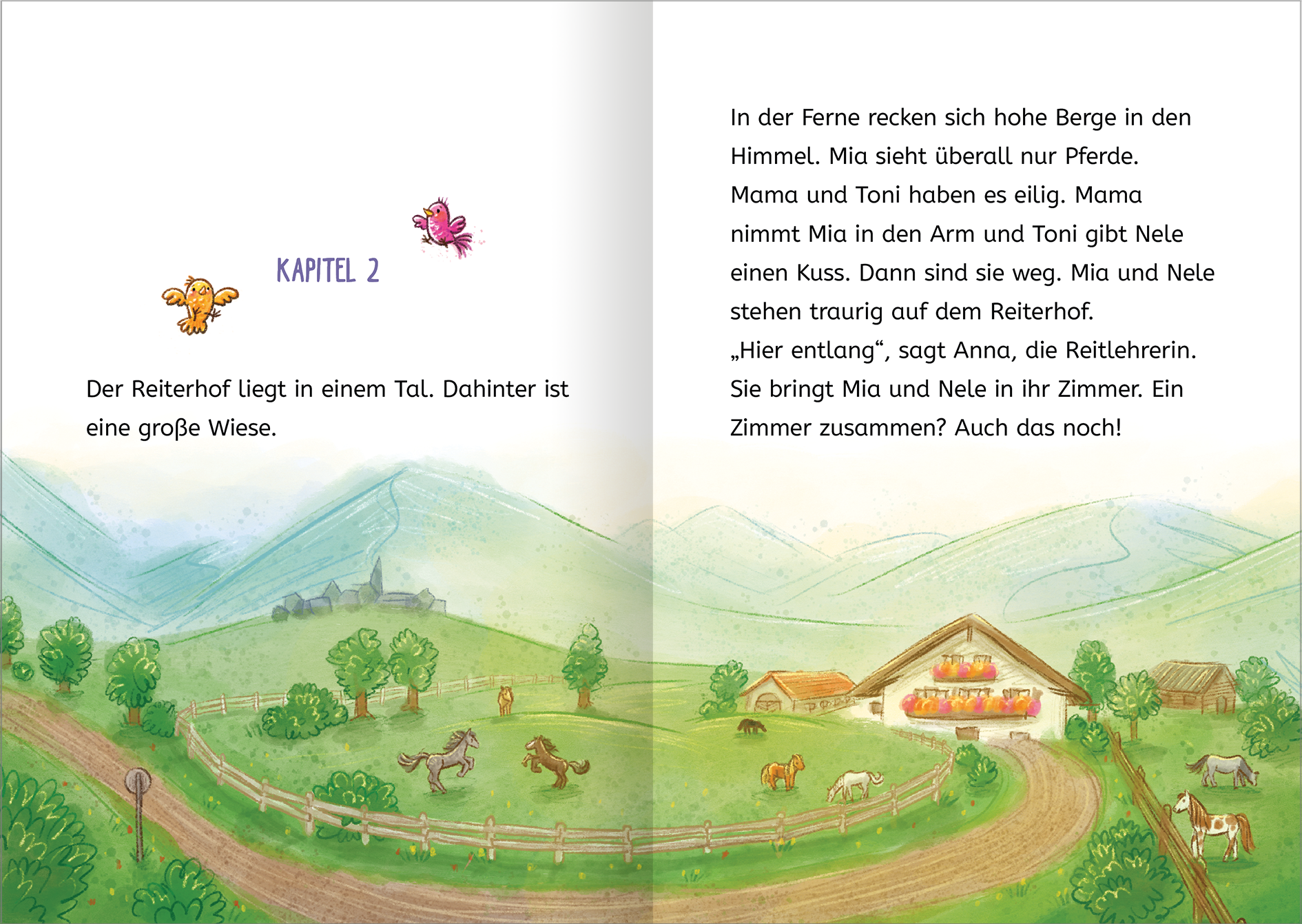Gezeigt wird eine Innen- oder Zusatzansicht von „Zauberponys“. Die Illustration zeigt einen Reiterhof in einer grünen, hügeligen Landschaft unter einem blauen Himmel. Im Vordergrund sind Tiere, darunter Ponys und Kühe, zu sehen. Der Titel „KAPITEL 2“ ist in lila, verspielter Schrift dargestellt. Der Text ist in klarer, gut lesbarer schwarzer Schrift geschrieben. Die sanften Farben vermitteln eine freundliche und einladende Atmosphäre.