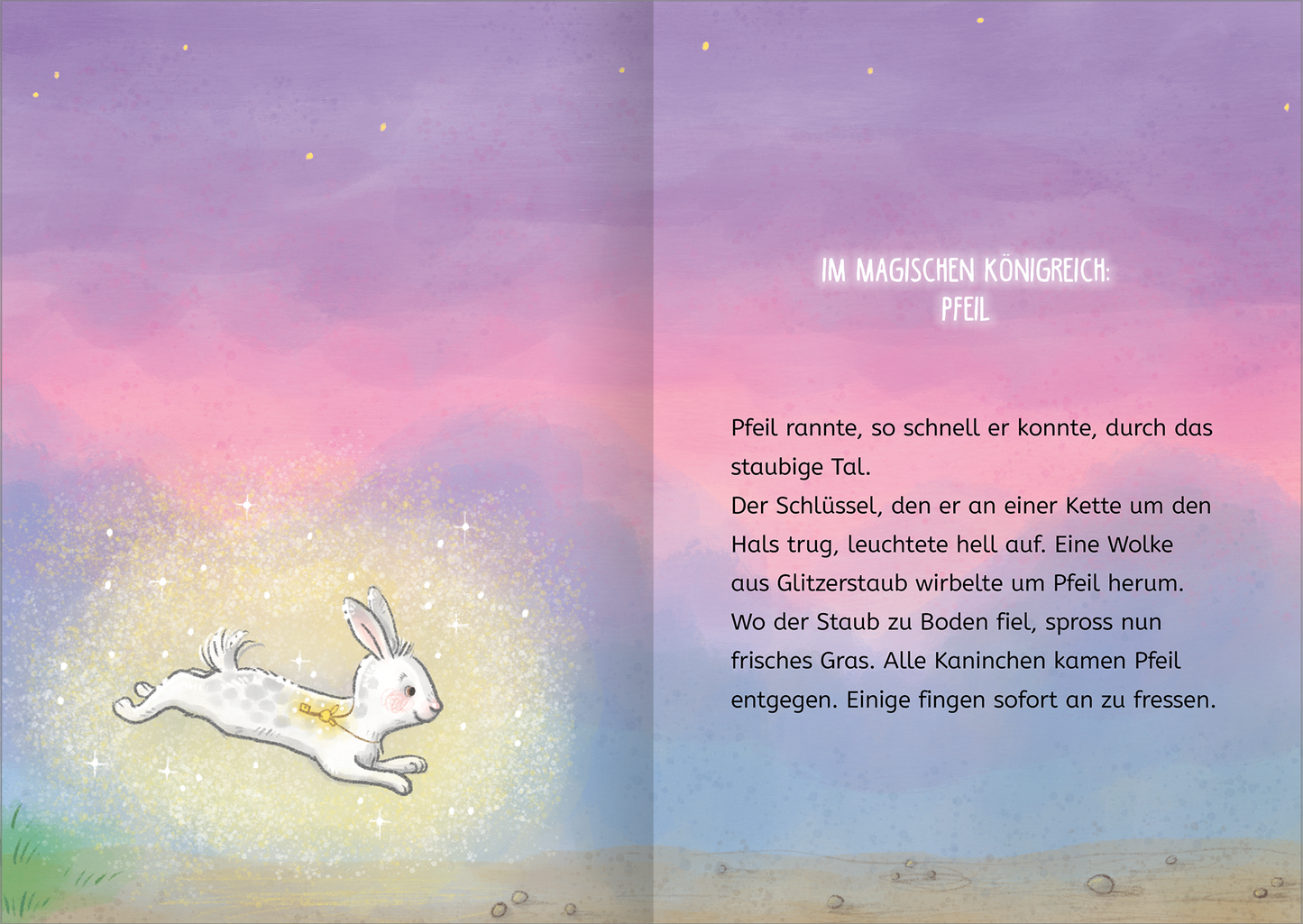 Gezeigt wird eine Innen- oder Zusatzansicht von „Magische Häschen“. Die Illustration zeigt ein weißes Häschen namens Pfeil, das dynamisch durch eine bezaubernde Landschaft springt. Der Hintergrund ist in sanften, pastellfarbenen Tönen gehalten, mit einem verhältnismäßig hellen Himmel in Blau und Rosa. Auf der linken Seite strahlt ein goldener Glitzerstaub um das Häschen, während die rechte Seite Text in einer verspielten Schriftart präsentiert. Der Text ist thematisch auf die...