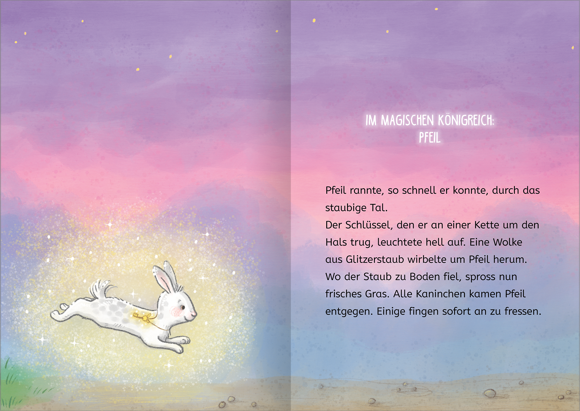 Gezeigt wird eine Innen- oder Zusatzansicht von „Magische Häschen“. Die Illustration zeigt ein weißes Häschen namens Pfeil, das dynamisch durch eine bezaubernde Landschaft springt. Der Hintergrund ist in sanften, pastellfarbenen Tönen gehalten, mit einem verhältnismäßig hellen Himmel in Blau und Rosa. Auf der linken Seite strahlt ein goldener Glitzerstaub um das Häschen, während die rechte Seite Text in einer verspielten Schriftart präsentiert. Der Text ist thematisch auf die...