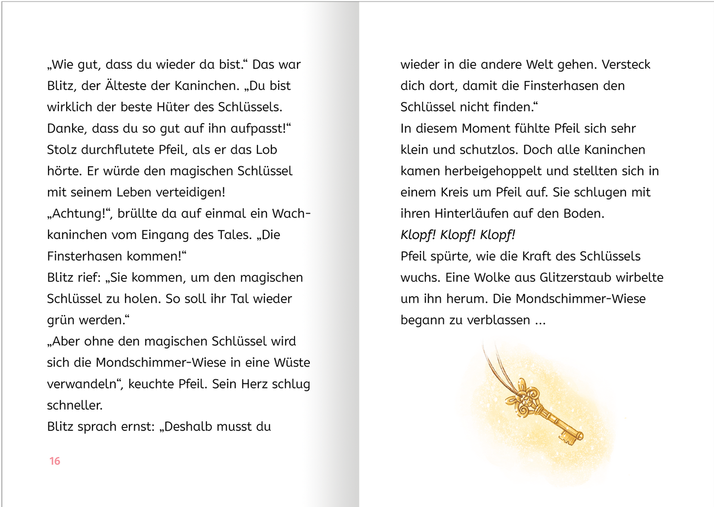 Gezeigt wird eine Innen- oder Zusatzansicht von „Magische Häschen“. Die Seite enthält typografisch gestaltete Textblöcke in einer klaren, gut lesbaren Schriftart. Der Haupttext ist in Schwarz auf weißem Hintergrund, während Dialoge durch Anführungszeichen hervorgehoben werden. Verzierte Illustrationen, wie ein goldener Schlüssel, sind im Text integriert und verleihen der Seite einen magischen Charakter. Der Gesamtton ist freundlich und einladend, ideal für Kinder.