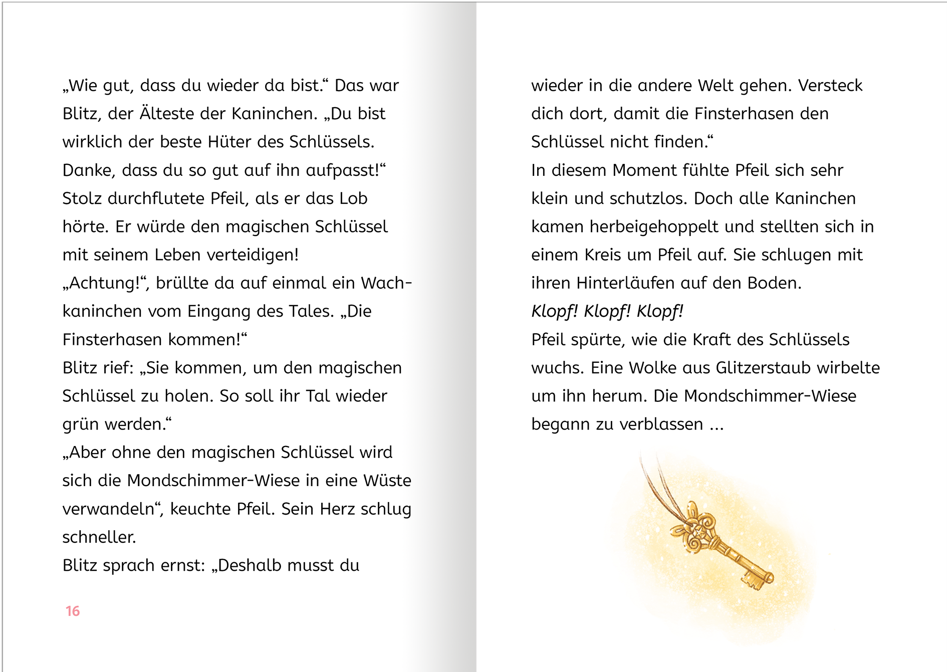 Gezeigt wird eine Innen- oder Zusatzansicht von „Magische Häschen“. Die Seite enthält typografisch gestaltete Textblöcke in einer klaren, gut lesbaren Schriftart. Der Haupttext ist in Schwarz auf weißem Hintergrund, während Dialoge durch Anführungszeichen hervorgehoben werden. Verzierte Illustrationen, wie ein goldener Schlüssel, sind im Text integriert und verleihen der Seite einen magischen Charakter. Der Gesamtton ist freundlich und einladend, ideal für Kinder.