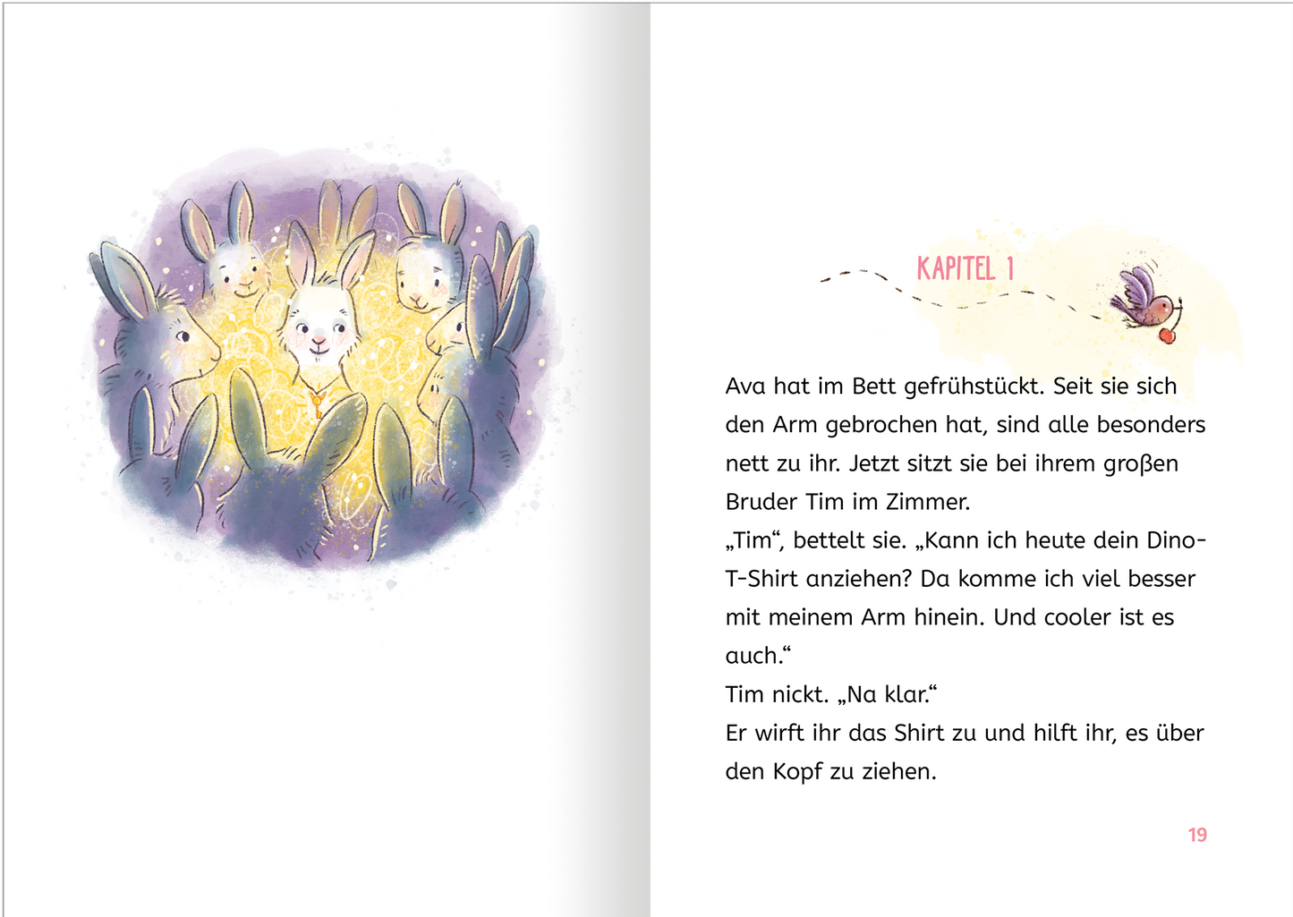 Gezeigt wird eine Innenansicht von „Magische Häschen“. Die Seite zeigt eine farbenfrohe Illustration mit mehreren Häschen in sanften Pastellfarben, die eine leuchtende zentrale Figur umgeben. Die Typografie ist kindgerecht und verspielt, mit dem Kapitelüberschrift „KAPITEL 1“ in einer verschnörkelten Schriftart. Rechts daneben ist der fortlaufende Text in einer klaren, gut lesbaren Schrift. Der Hintergrund ist hell und ansprechend, was die freundliche Atmosphäre des Buches...