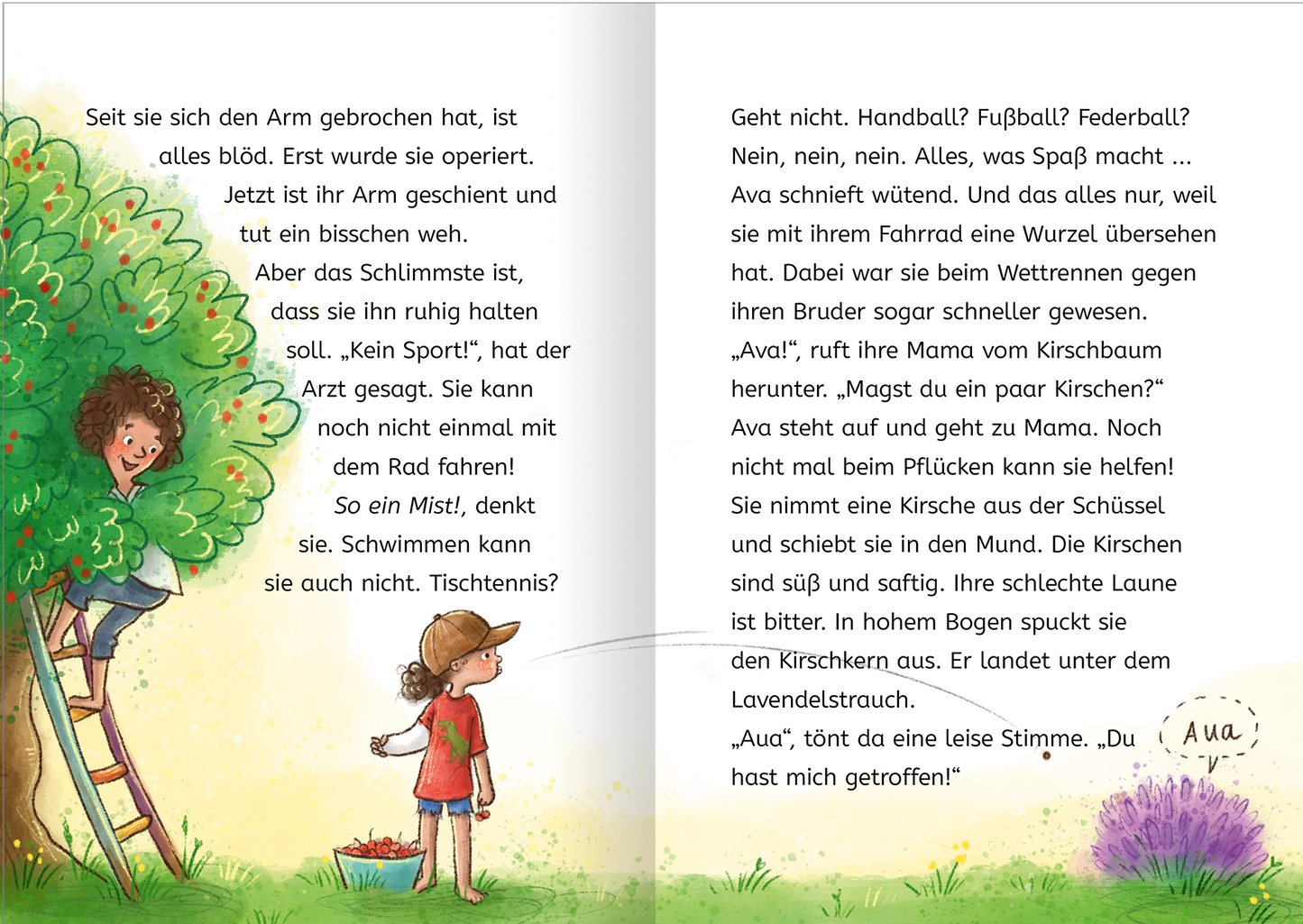 Gezeigt wird eine Innen- oder Zusatzansicht von „Magische Häschen“. Die Doppelseite zeigt eine farbenfrohe Illustration mit einem großen, grünen Baum, in dem ein Kind sitzt, das einen Arm am Baum festhält. Ein anderes Kind steht darunter und schaut nach oben. Die Typografie ist freundlich und kindgerecht, mit handgeschriebenen Elementen. Die Farben sind lebhaft, wobei hauptsächlich grüne, braune und hellblaue Töne dominieren, die eine fröhliche, einladende Atmosphäre schaffen.