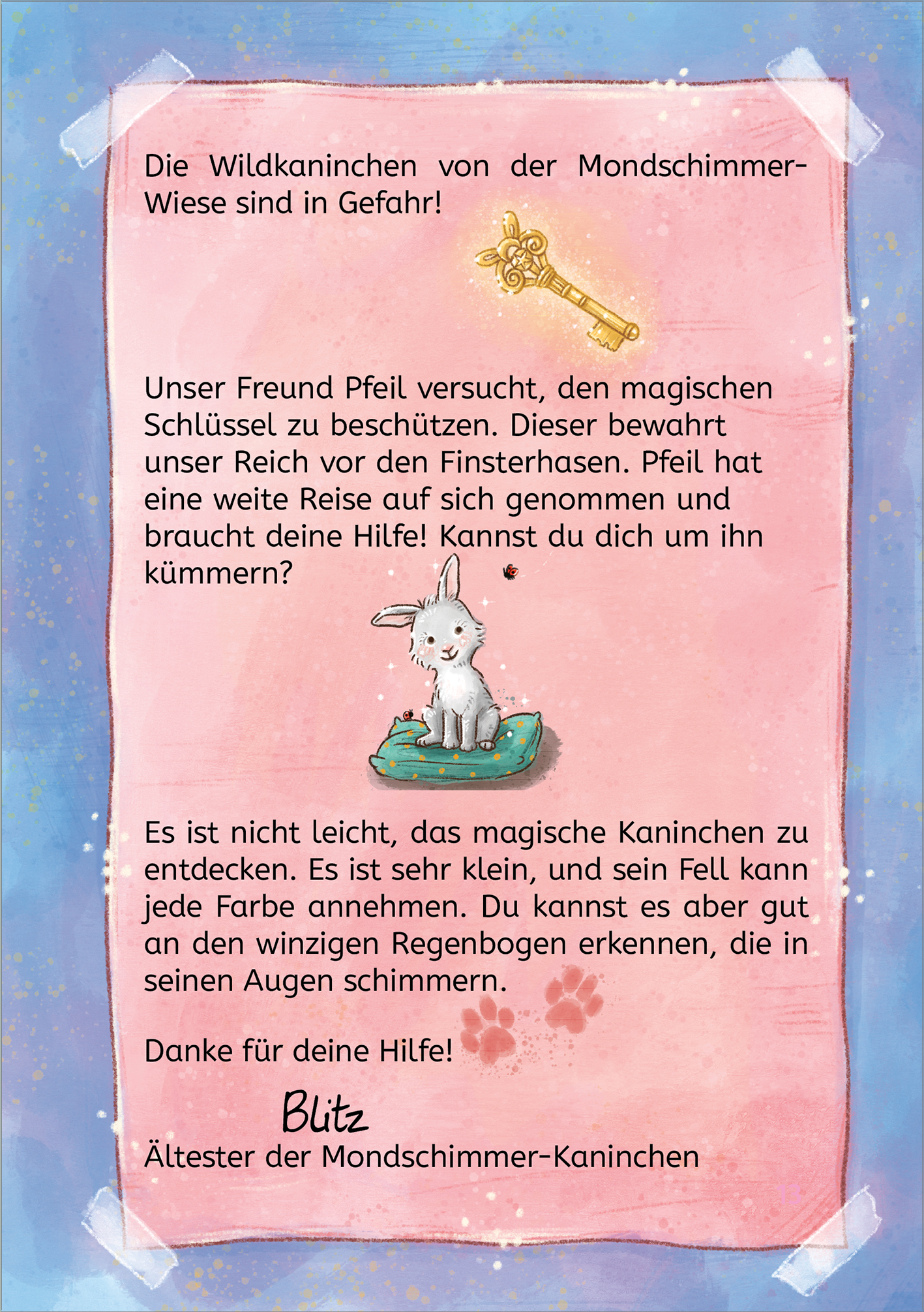 Gezeigt wird eine Innen- oder Zusatzansicht von „Magische Häschen“. Die Illustration zeigt ein sanftes, pastelblaues Hintergrunddesign. Im Vordergrund steht ein weißes, niedliches Kaninchen auf einem kleinen Podest. Der Text in verspielter, geschwungener Schrift ist in sanften Rosa- und Lila-Tönen gehalten. Oben links ist ein goldener Schlüssel dargestellt, der auf eine magische Thematik hinweist. Der Gesamteindruck vermittelt eine freundliche und einladende Atmosphäre.