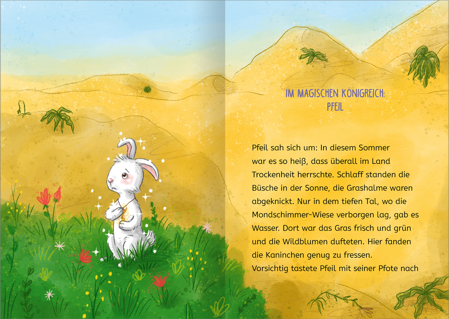 Gezeigt wird eine Innen- oder Zusatzansicht von „Magische Häschen“. Auf der linken Seite ist ein niedliches, weißes Häschen mit rosa Ohrenspitzen in einer grünen, blühenden Wiese abgebildet. Rechts stehen die liebevoll gestalteten, geschwungene Schriftzüge in sanften Farben auf einem hellen Hintergrund. Die Szenerie zeigt eine trockene Landschaft mit sanften Hügeln und einem blauen Himmel, wodurch die farbenfrohe Illustration lebhaft zur Geltung kommt.