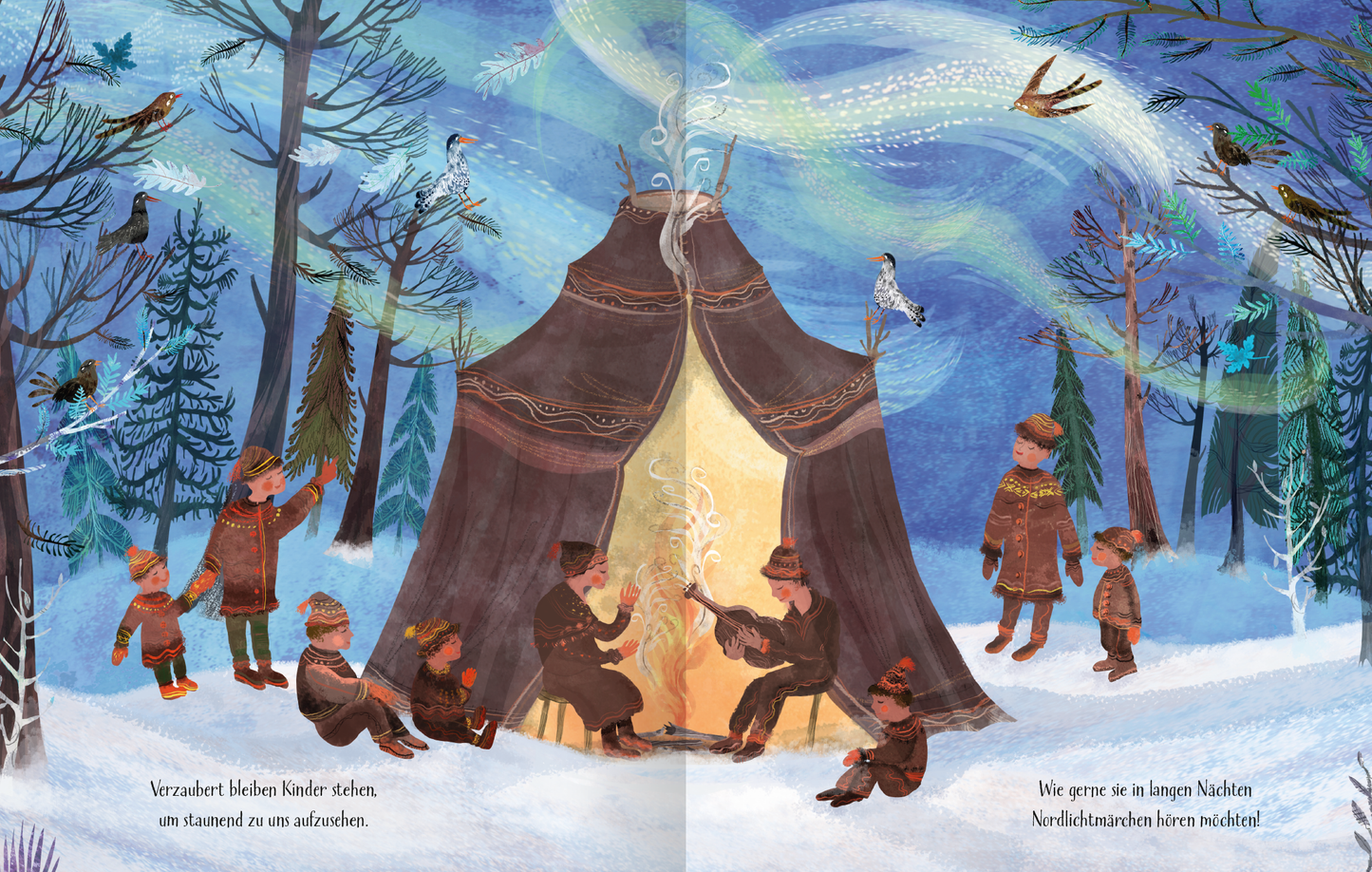 Gezeigt wird eine Innen- oder Zusatzansicht von „Das Nordlichtwunder“. Die Illustration zeigt eine winterliche Szene mit schneebedecktem Boden und hohen, blauen Bäumen. Im Zentrum sitzt eine Gruppe von Kindern und Erwachsenen um ein warmes Feuer in einem traditionellen Zelt. Die Figuren sind in bunten, winterlichen Kleidern dargestellt. Über ihnen tanzen leuchtende, grüne und weiße Lichter, die das Nordlicht darstellen. Der Titel ist in verspielter, handschriftlicher Typografie am...