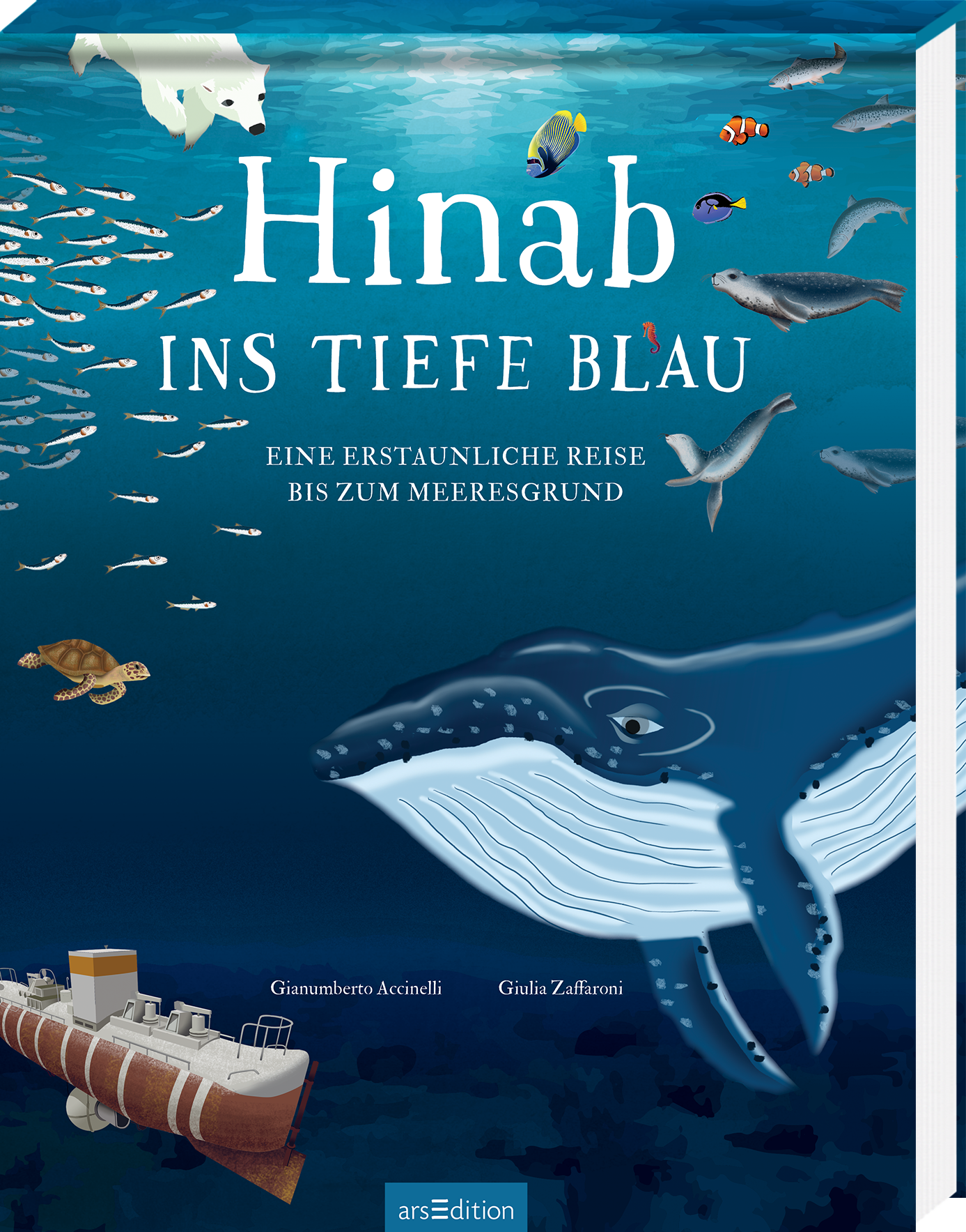 Das Buchcover zeigt eine zauberhafte Unterwasserlandschaft in verschiedenen Blautönen. Im Vordergrund schwimmt ein großer Blauwal, umgeben von einer Vielfalt maritimer Tiere wie Fische und Schildkröten. Der Titel „Hinab ins tiefe Blau“ ist in einer weißen, verspielten Schrift mittig platziert, darunter folgt der Untertitel „Eine erstaunliche Reise bis zum Meeresgrund“. Das Cover vermittelt ein Gefühl von Entdeckung und Staunen. Oben rechts ist ein „SPIEGEL-Bestseller“-Button...