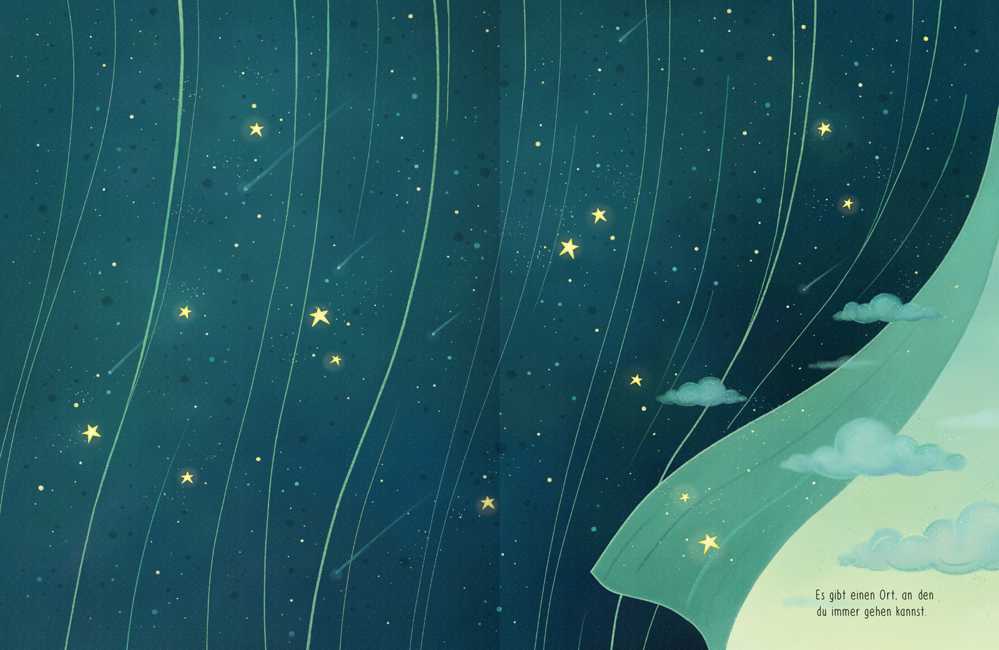 Gezeigt wird eine Innen- oder Zusatzansicht von „Du bist deine Fantasie“. Die Illustration zeigt einen nächtlichen Himmel in sanften Blau- und Grüntönen, durchzogen von schimmernden Sternen und zarten Wolken. Eine kurvige Linie im Vordergrund repräsentiert eine Abstraktion der Erde. Die Typografie in der unteren linken Ecke enthält den Text „Es gibt einen Ort, an den du immer gehen kannst“, in einer kindgerechten, verspielten Schrift.