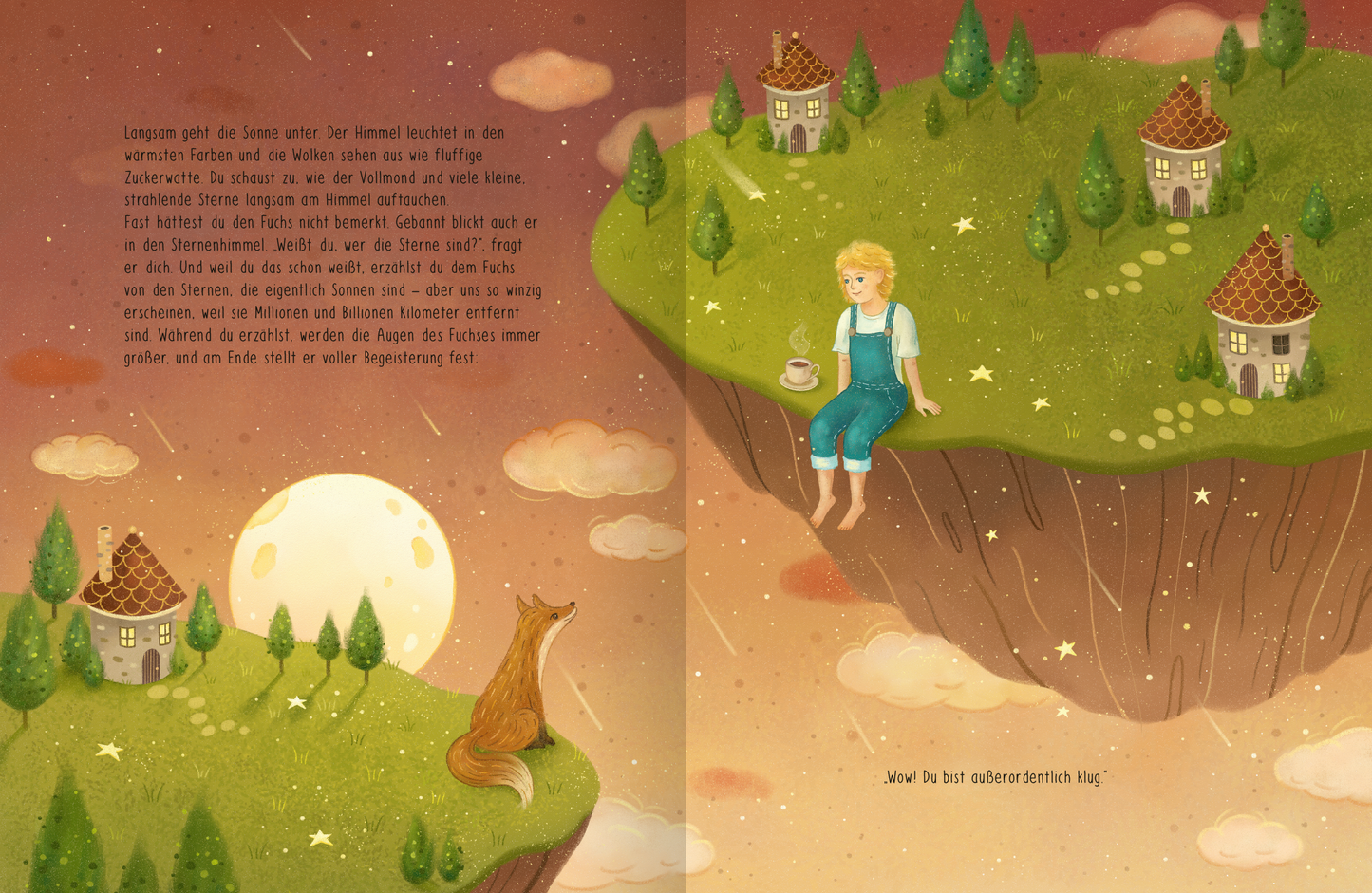 Gezeigt wird eine Innen- oder Zusatzansicht von „Du bist deine Fantasie“. Die Illustration zeigt einen jungen Jungen mit blonden Haaren, der in blauen Latzhosen auf einer schwebenden Wiese sitzt. Um ihn herum sind üppige, grüne Bäume und zwei kleine, fantasievoll gestaltete Häuser mit roten Dächern. Im Hintergrund strahlt ein großer, heller Mond, während der Himmel in sanften Rosa- und Gelbtönen erleuchtet ist. Kleine Wolken und funkelnde Sterne verleihen der Szene eine magische...