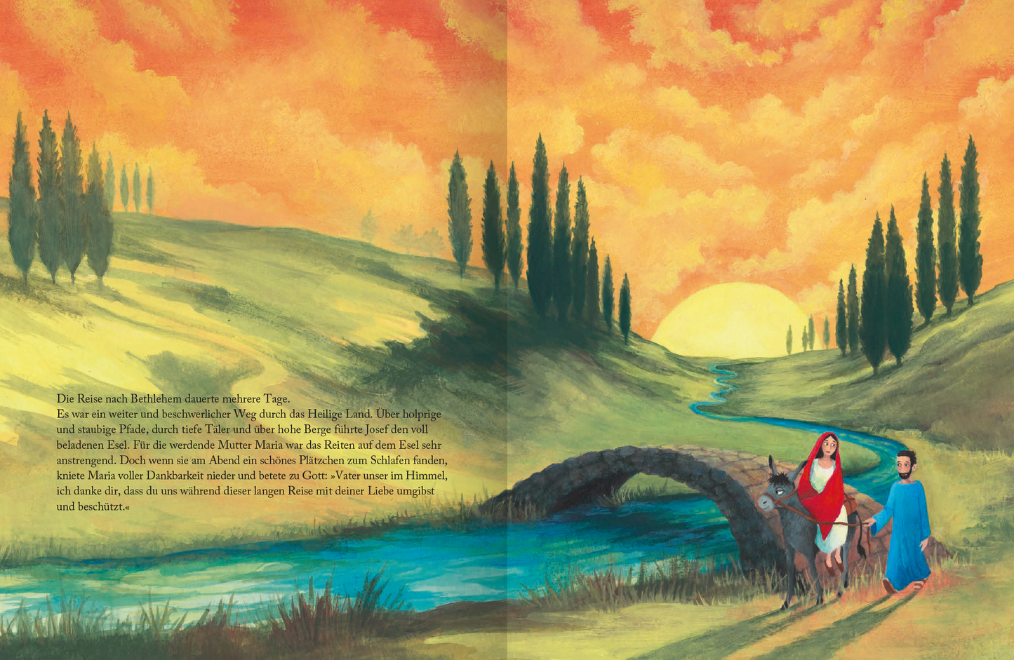 Gezeigt wird eine Innen- oder Zusatzansicht von „Das Wunder der Heiligen Nacht“. Die Illustration zeigt eine sanfte, farbenfrohe Landschaft mit einem fließenden Fluss und einem Bogen aus Stein. Im Vordergrund sind eine Frau mit rotem Mantel und ein Mann in blauem Gewand zu sehen, die einen Esel führen. Der Himmel erstrahlt in warmen Orange- und Gelbtönen, während grüne Bäume den Hintergrund bilden. Die Schrift ist klar und gut lesbar, was die Erzählung unterstützt.