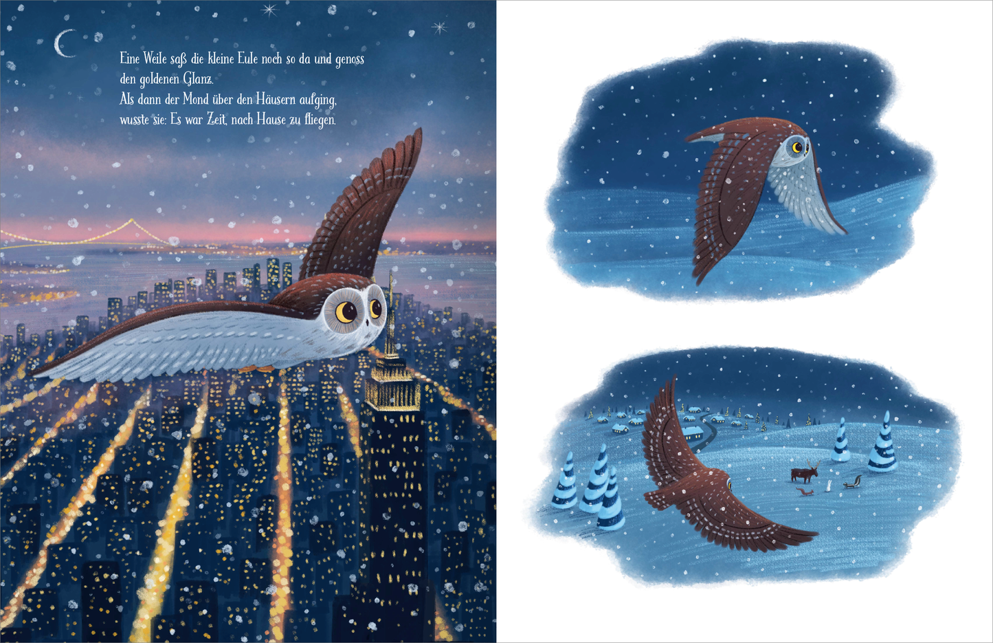 Gezeigt wird eine Innen- oder Zusatzansicht von „Die kleine Weihnachtseule“. Auf der linken Seite schwebt eine große, detailreich illustrierte Eule über einer von Lichtern erleuchteten Stadt bei Nacht, unter einem sternenübersäten Himmel. Die Farbpalette umfasst Dunkelblau und sanfte Weißtöne. Neben dem Text, der in einer verspielten Schriftart gesetzt ist, vermitteln sanfte Lichtreflexe eine festliche Stimmung. Die rechte Seite zeigt verschiedene, stilisierte Szenen der Eule im...