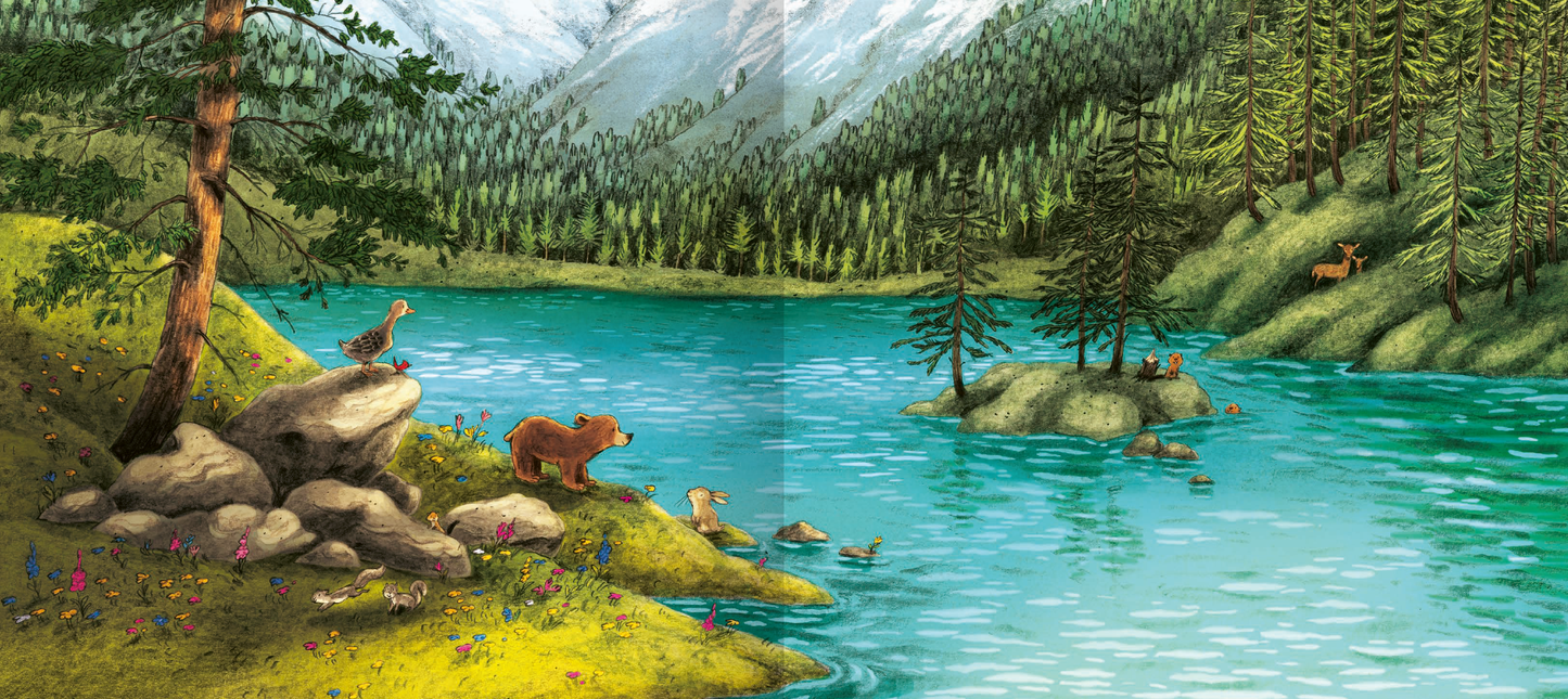 Gezeigt wird eine Innen- oder Zusatzansicht von „Was macht die kleine Gans im Herbst?“. Die Illustration zeigt eine idyllische Landschaft mit einem klaren, blauen See und umgeben von grünen Bäumen und Bergen. Farbenfroh sind verschiedene Tiere zu sehen, darunter eine Gans, ein Bär und einige Vögel. Die Typografie ist freundlich und kindgerecht, wobei der Titel in klaren, bunten Buchstaben hervorsticht.