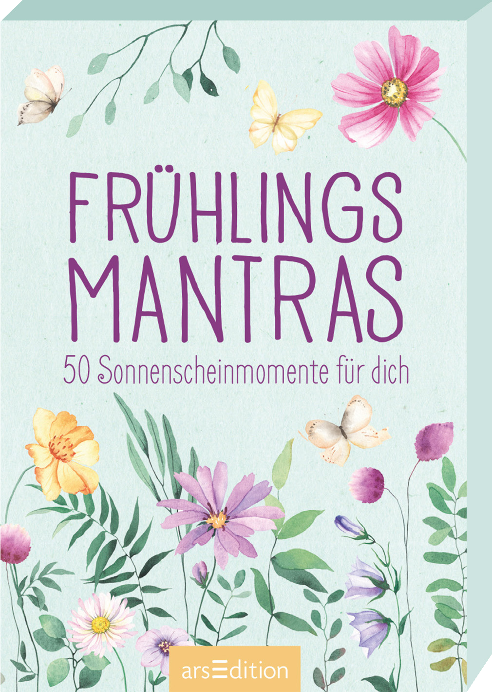 Das Buchcover zeigt einen sanften, hellblauen Hintergrund mit floralen Illustrationen in zarten Farben. Oben steht in großen, lila Buchstaben „FRÜHLINGS MANTRAS“. Darunter ergänzt der Untertitel „50 Sonnenscheinmomente für dich“ die zentrale Botschaft. Bunte Blumen und Schmetterlinge umrahmen den Titel und verleihen eine fröhliche, einladende Atmosphäre. Ein kleiner Hinweis auf den „SPIEGEL-Bestseller“-Button ist sichtbar. Ganz unten mittig steht der Logoschriftzug von...
