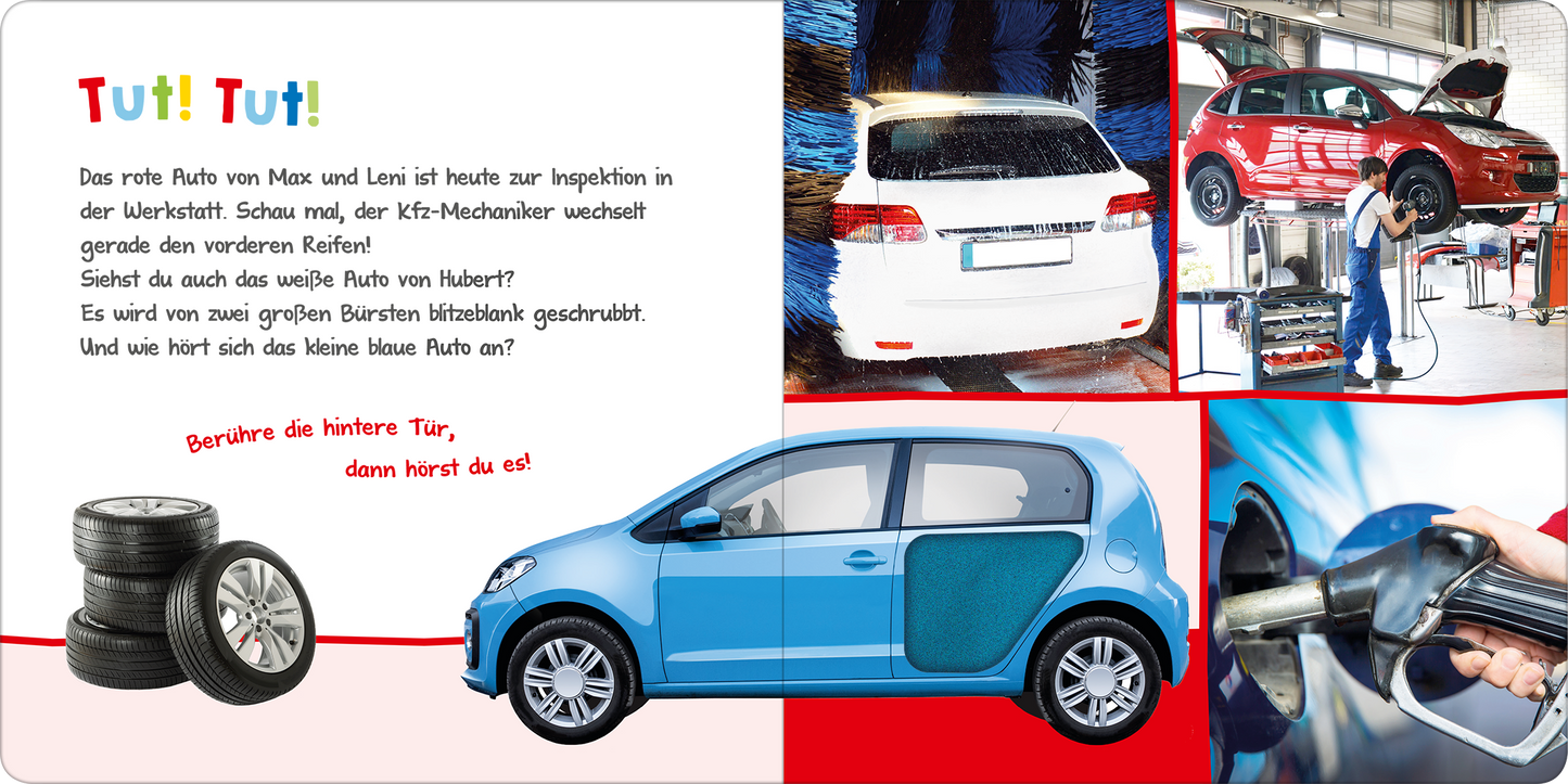 Gezeigt wird eine Innen- oder Zusatzansicht von „Hör mal rein, wer kann das sein? – Meine Fahrzeuge“. Die Seite ist farbenfroh gestaltet, mit einem dominierenden blauen Auto, das zur Interaktion einlädt. Text in ausdrucksstarker Schrift hebt die Handlung hervor, während rote und weiße Elemente Akzente setzen. Im Hintergrund sind Bilder eines Werkstattbesuchs und Mechaniker bei der Arbeit sichtbar. Typografie ist klar und gut lesbar, unterstützt durch lebendige Illustrationen von...