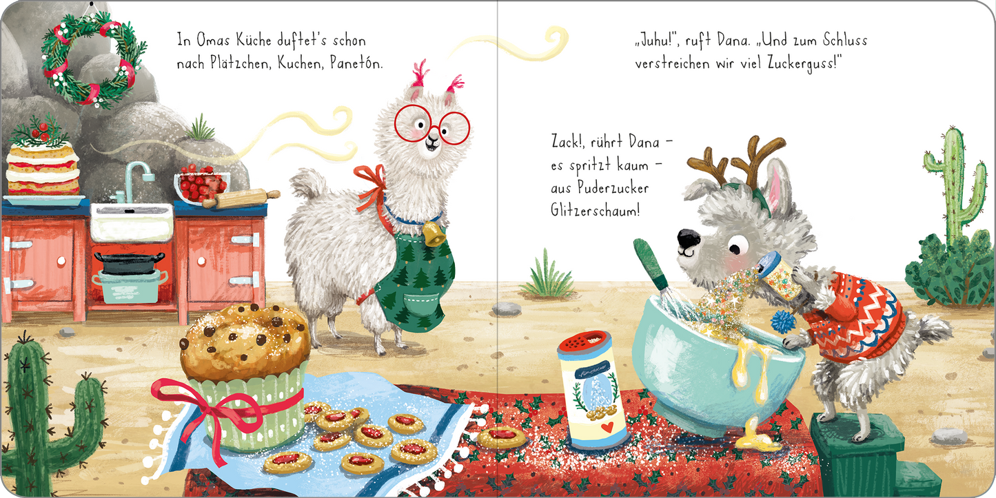 Gezeigt wird eine Innen- oder Zusatzansicht von „Weihnachtsdrama mit dem Lama“. Die Szene spielt in einer festlich dekorierten Küche, geprägt von warmen, leuchtenden Farben. Links steht ein rustikaler Küchenschrank mit Weihnachtsgebäck. Im Vordergrund sind eine Lama-Figur mit einer farbenfrohen Schürze und ein kleines Reh in Weihnachtsstimmung zu sehen, das mit einer großen Schüssel und Zutaten beschäftigt ist. Die verspielte Typografie unterstreicht die fröhliche Atmosphäre.