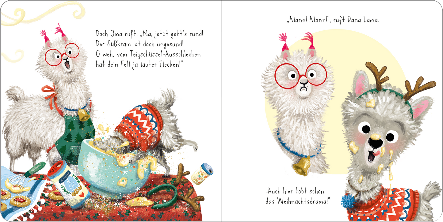 Gezeigt wird eine Innen- oder Zusatzansicht von „Weihnachtsdrama mit dem Lama“. Die Illustration zeigt zwei sympathische Lama-Charaktere, die lebhaft in einer Küche agieren. Kräftige Farben wie Rot, Grün und Gelb dominieren die Szene, um festliche Stimmung zu erzeugen. Eine Mischung aus weihnachtlicher Dekoration und Kochutensilien ist um sie herum verteilt. Die expressive Typografie hebt den humorvollen Text hervor, während die Lamas mit großen, runden Augen für Mile enthalten.