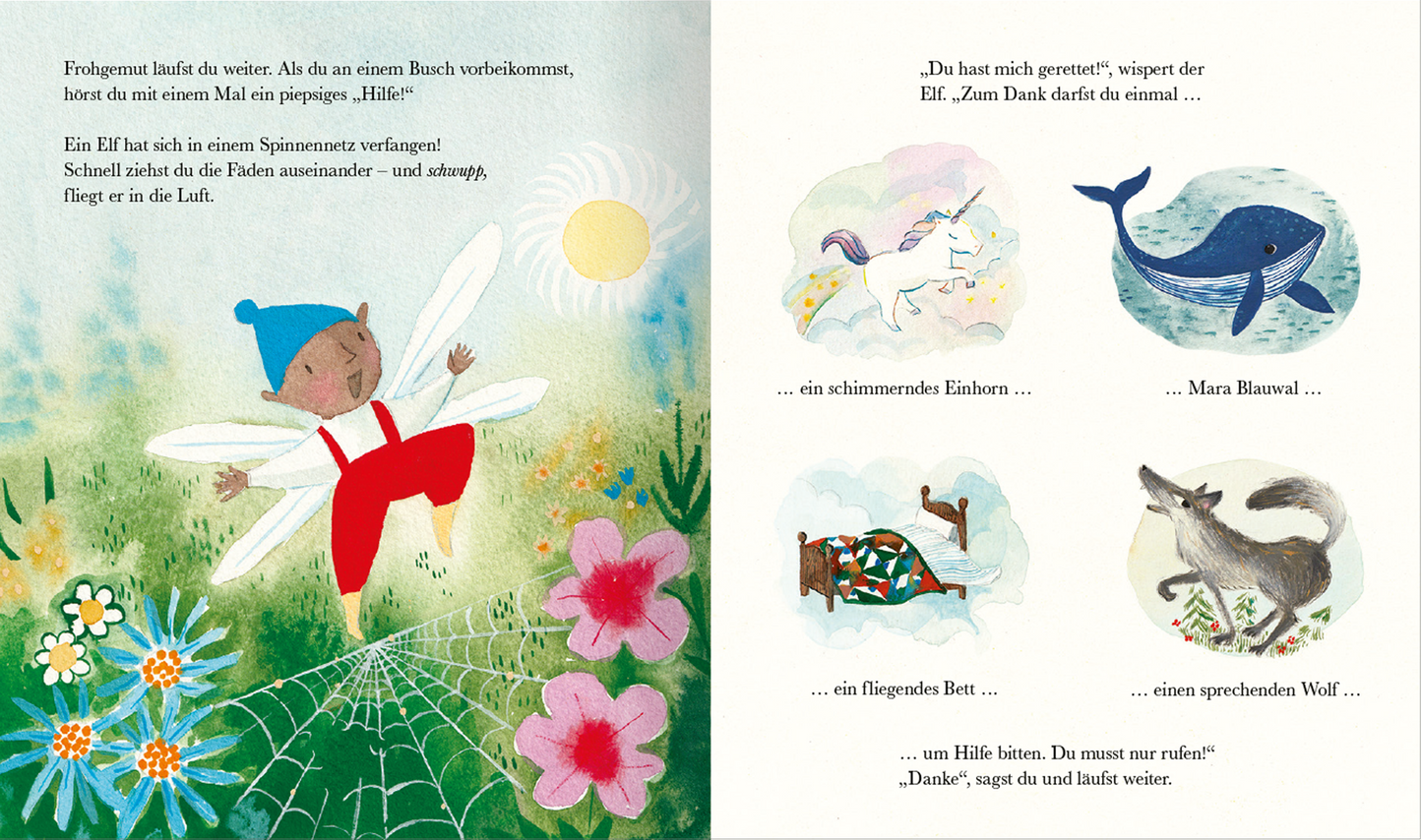 Gezeigt wird eine Innen- oder Zusatzansicht von „Es war einmal ein Märchen“. Auf der linken Seite ist ein bunter Wald mit einer Elfe, die braune Haut und Flügel hat, sowie roten und blauen Kleidungsstücken. Sie steht vor einer sonnigen, hellen Landschaft mit verschiedenen, bunten Blumen. Auf der rechten Seite befinden sich mehrere Illustrationen von fantastischen Tieren und Objekten: ein Einhorn, ein Wal, ein fliegendes Bett und ein sprechender Wolf, die jeweils sanfte Farben verwenden...
