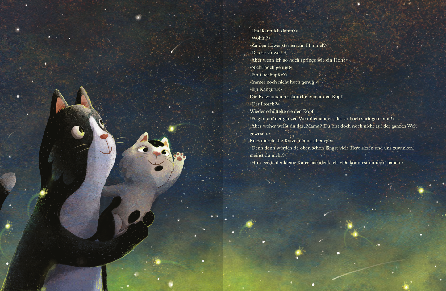 Gezeigt wird eine Innen- oder Zusatzansicht von „Du, Mama ... Wie weit ist die Welt?“. Auf der linken Seite sind zwei Katzen dargestellt, eine schwarze und eine graue, die zusammen in den Nachthimmel schauen. Der Hintergrund ist in tiefen Blau- und Lilatönen gehalten, mit funkelnden Sternen und schimmernden Sternschnuppen. Auf der rechten Seite steht der Text in einer gut lesbaren, schlichten Schrift. Die typografische Gestaltung ist harmonisch und unterstützt die verträumte Atmosphäre...