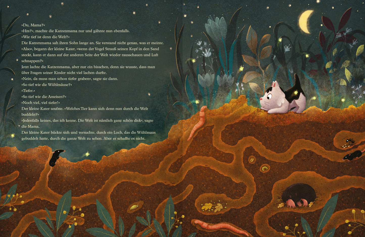 Gezeigt wird eine Innen- oder Zusatzansicht von „Du, Mama ... Wie weit ist die Welt?“. Die Illustration zeigt eine fantasievolle Szene mit einem kleinen weißen Tier, das auf einer erdigen Landschaft sitzt, umgeben von verschiedenen Pflanzen und Tieren. Der Nachthimmel ist tiefblau mit leuchtenden Sternen und einem Halbmond. Die Typografie ist klar und kindgerecht, mit handschriftlichen Elementen und sanften Farbverläufen, die eine freundliche und einladende Atmosphäre erzeugen.