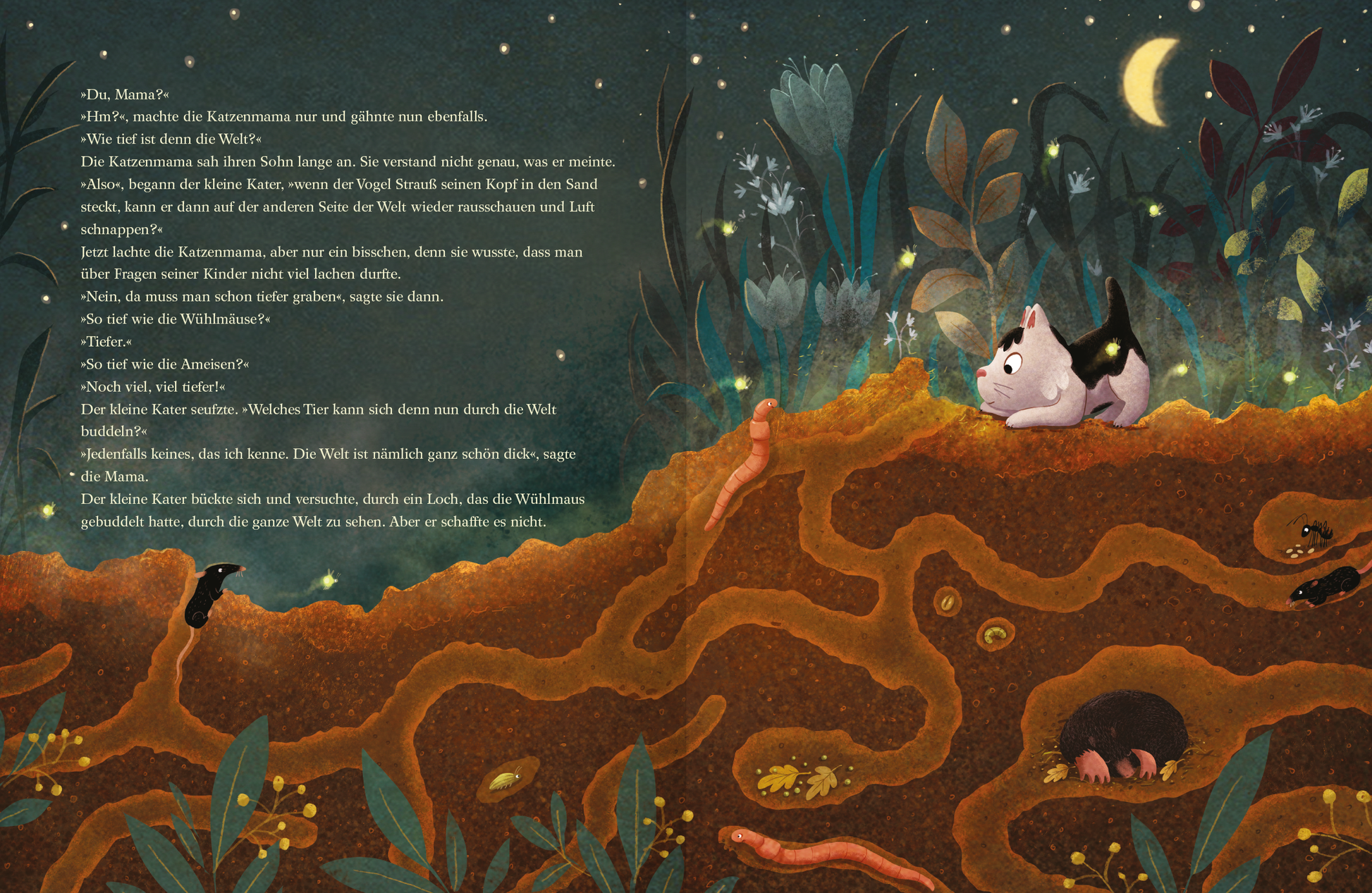 Gezeigt wird eine Innen- oder Zusatzansicht von „Du, Mama ... Wie weit ist die Welt?“. Die Illustration zeigt eine fantasievolle Szene mit einem kleinen weißen Tier, das auf einer erdigen Landschaft sitzt, umgeben von verschiedenen Pflanzen und Tieren. Der Nachthimmel ist tiefblau mit leuchtenden Sternen und einem Halbmond. Die Typografie ist klar und kindgerecht, mit handschriftlichen Elementen und sanften Farbverläufen, die eine freundliche und einladende Atmosphäre erzeugen.