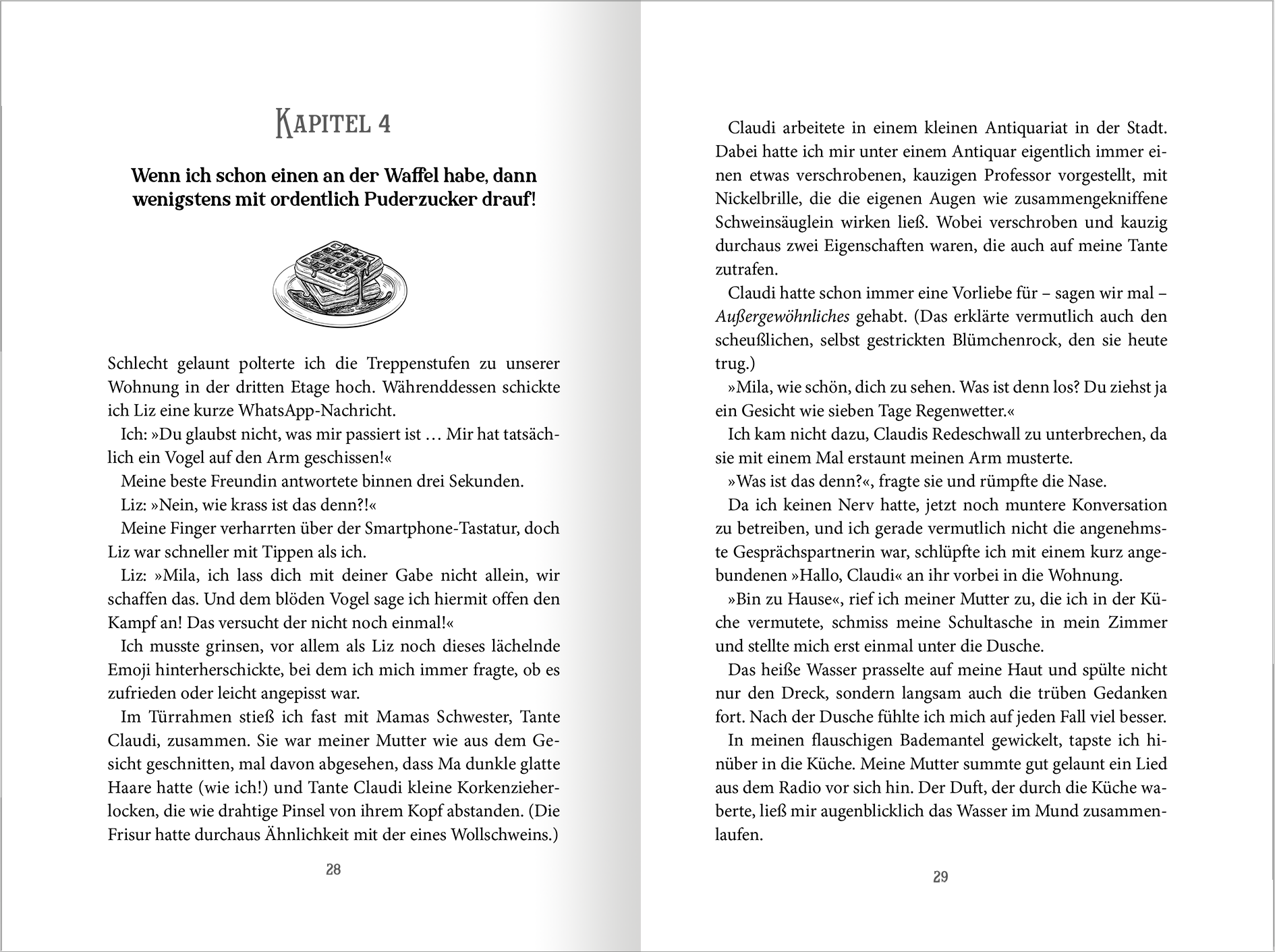 Gezeigt wird eine Innenansicht von „Das Geheimnis der Schokomagie“. Auf der Doppelseite befindet sich der Text des Kapitels 4, erzählt in klarer, gut lesbarer Schrift. Die Kapitelüberschrift ist groß und in einer verspielten, dekorativen Schriftart gehalten. Der Hintergrund ist weiß, und der Text ist in dunkler Schriftfarbe, was den Kontrast erhöht. Die Seitenzahl ist am unteren Rand sichtbar.