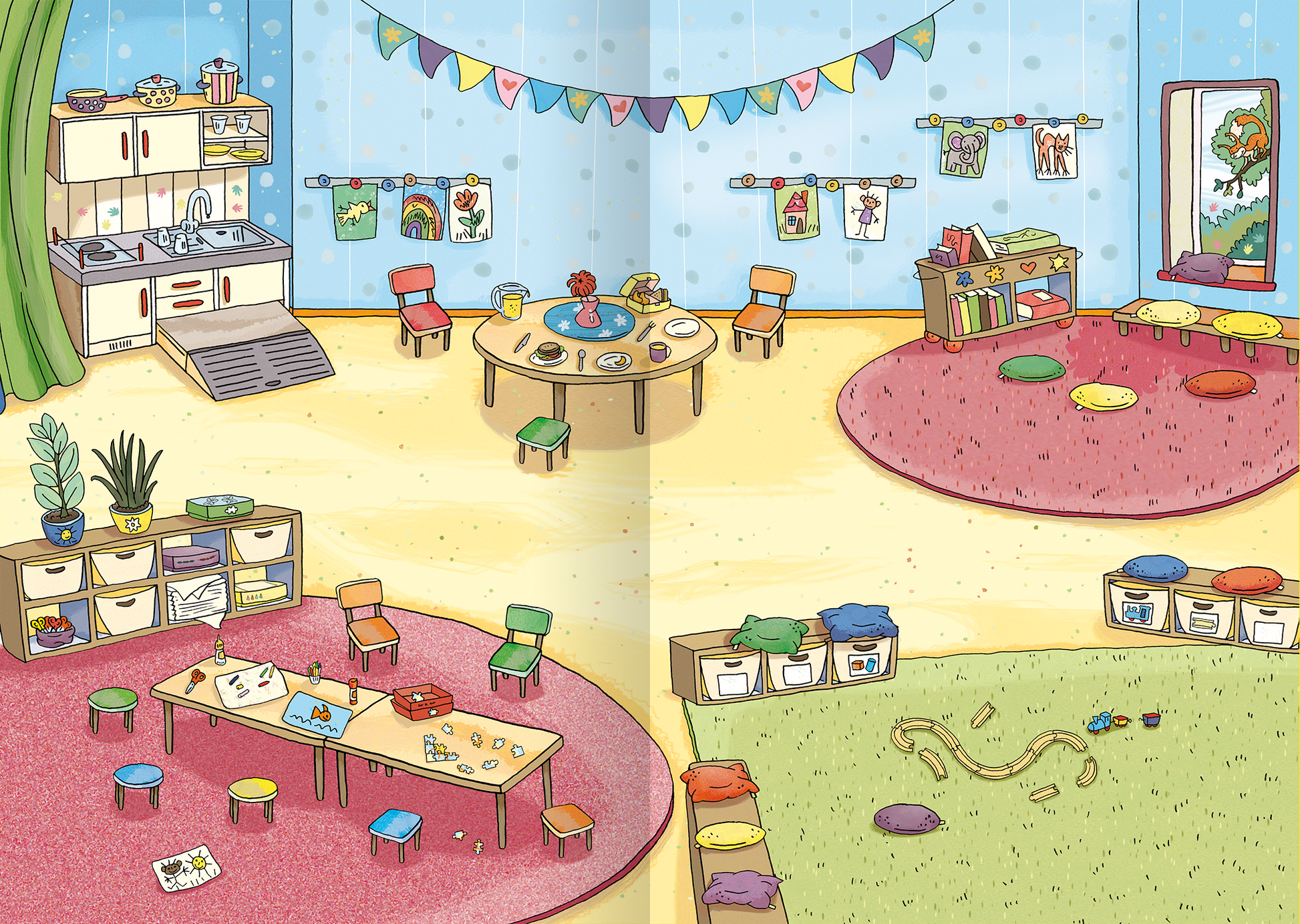 Gezeigt wird eine Innenansicht von „Mein Stickerheft – Kindergarten“. Der Raum ist in sanften Pastellfarben gehalten, mit hellblauen Wänden und einem gelben Boden. Im Zentrum befindet sich ein runder Tisch mit bunten Stühlen. Auf den Regalen stehen Kisten mit Spielsachen, während an der Wand Kinderkunstwerke hängen. Ein kleiner Bereich mit Teppich und Kissen lädt zum Spielen ein. Eine Küche ist in der linken Ecke sichtbar, ergänzt durch eine große Fensterfront.