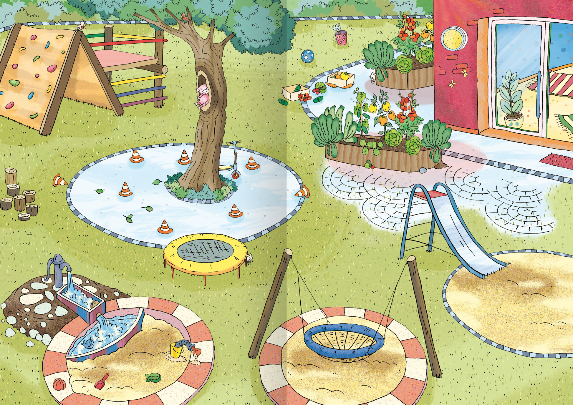 Gezeigt wird eine Innen- oder Zusatzansicht von „Mein Stickerheft – Kindergarten“. Die Szene zeigt einen bunten Spielplatz mit verschiedenen Spielgeräten, darunter eine Kletterwand, ein Schaukelplatz und ein Trampolin. Um einen zentralen Baum angeordnet, sind farbenfrohe Blumenbeete zu sehen. Die Farben sind hell und einladend, von grünem Gras bis hin zu lebendigen Blumen in Rosa, Gelb und Blau. Die Typografie ist spielerisch und kindgerecht gestaltet.