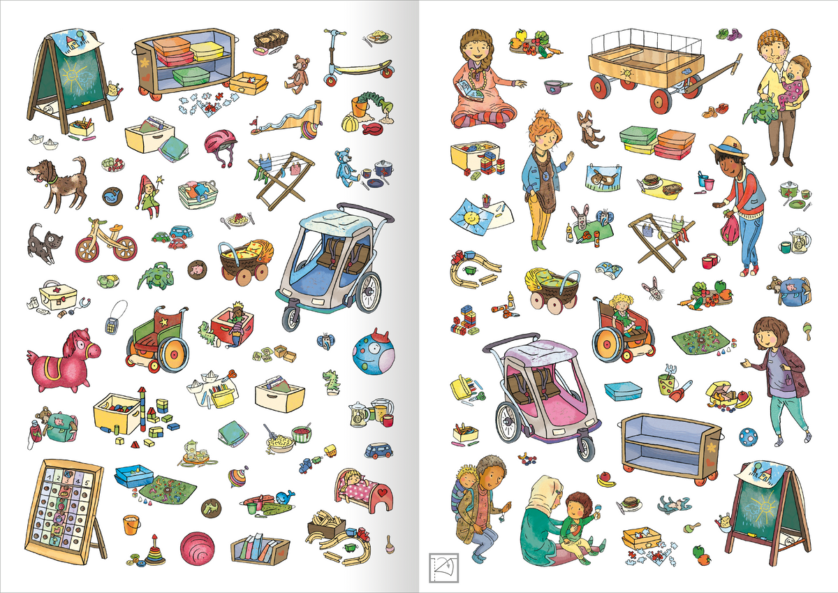 Gezeigt wird eine Innen- oder Zusatzansicht von „Mein Stickerheft – Kindergarten“. Die Abbildung zeigt eine bunte Mischung aus Spielzeug und Spielszenen im Kindergarten. Dominierende Farben sind Blau, Grün, Rot und Gelb. Figuren, darunter Kinder und Tiere, sind detailliert und freundlich gezeichnet. Typografisch ist die Schrift verspielt und gut lesbar, um den kindlichen Lesern gerecht zu werden. Elemente wie Trampolines, Fahrzeuge und Spielplätze laden zum Entdecken ein.